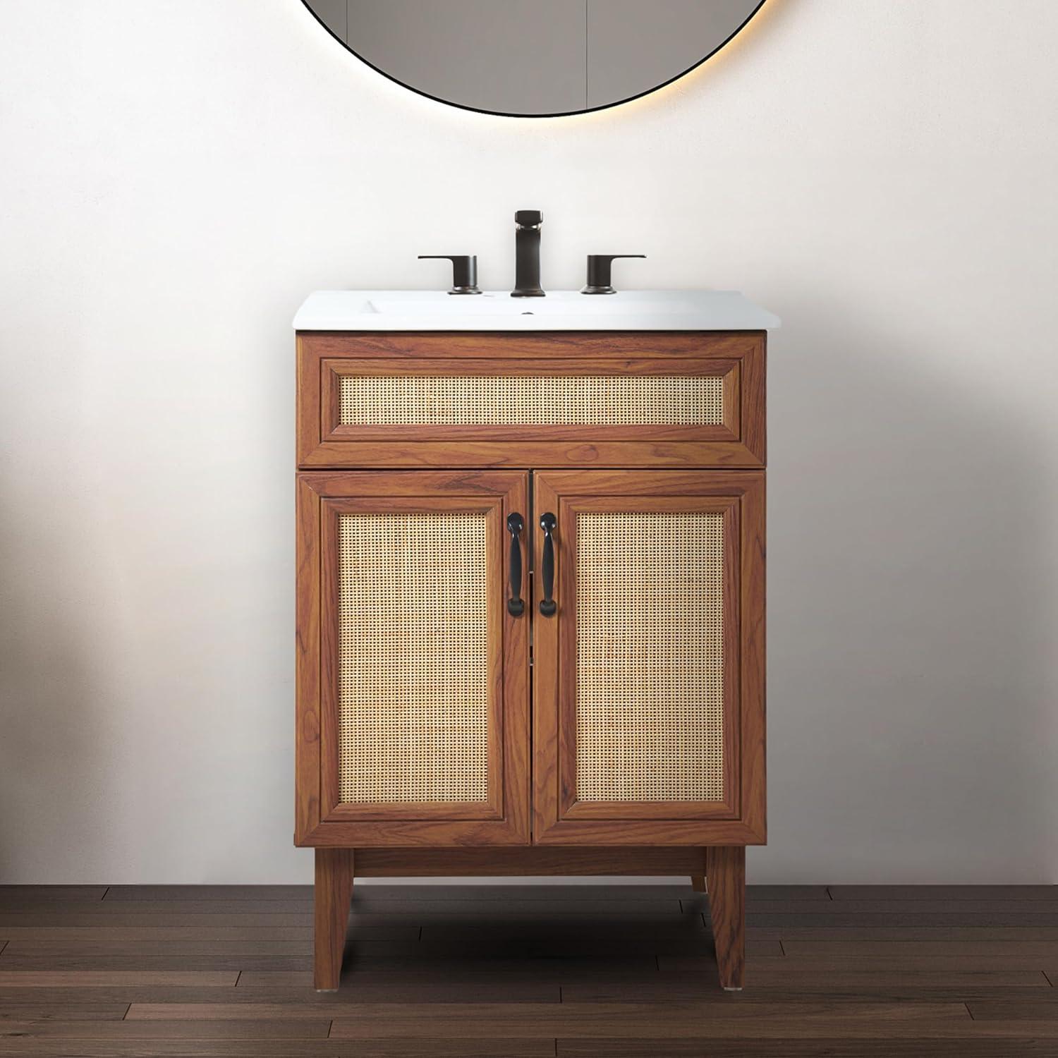 Javer 24" Rattan Modern Farmhouse 2-Shelf Bath Vanity Cabinet Only (Sink Basin not Included)