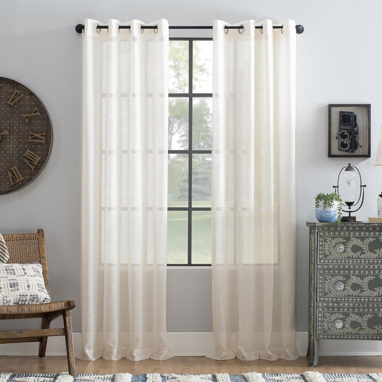 63"x52" Slub Textured Linen Blend Grommet Top Curtain Ivory - Archaeo: Light Filtering, Modern Indoor Panel