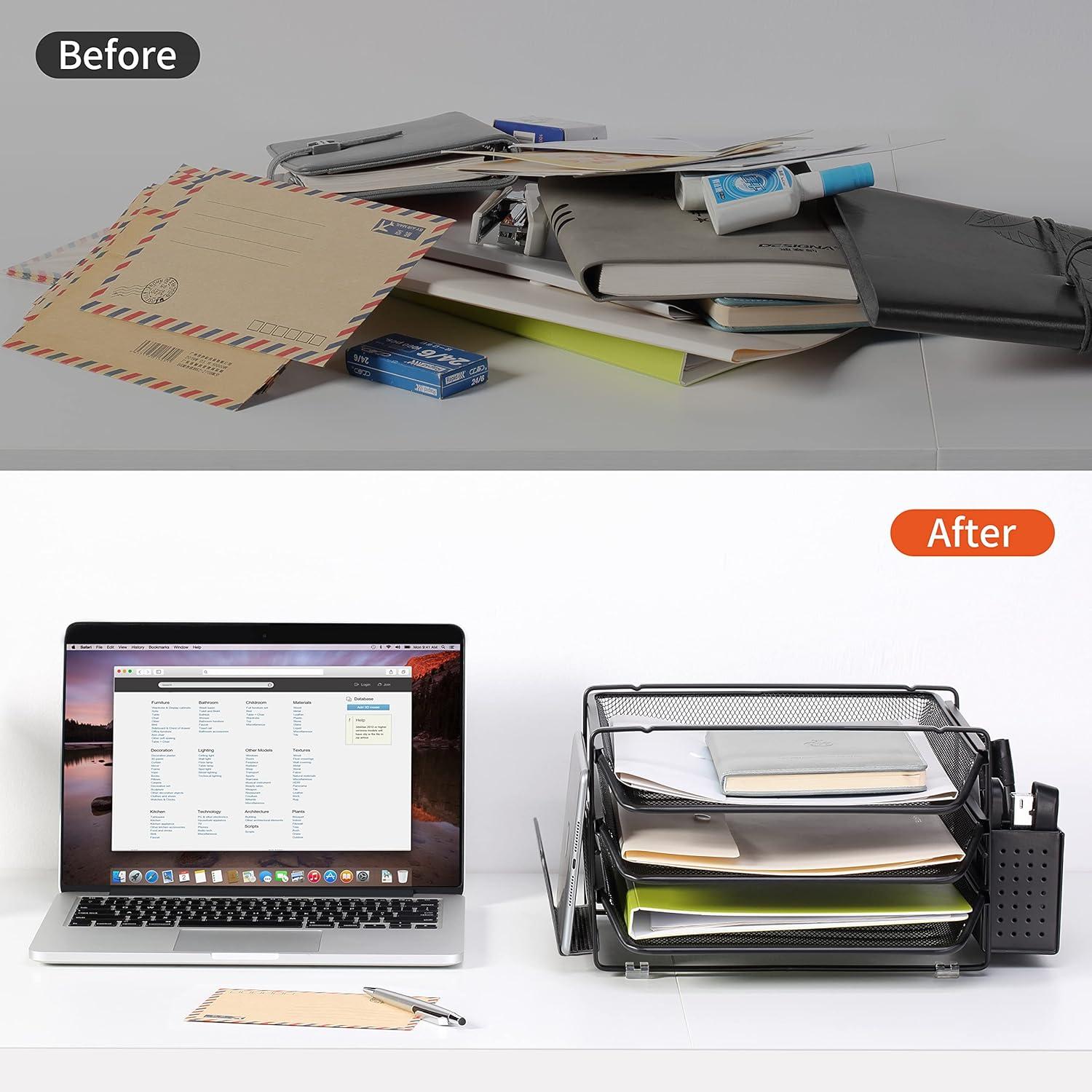 DESIGNA Stackable Mesh Desk Organizer with 3 Sliding Letter Tray Drawers, 4 File Holders Sorter Section, 2 Side Compartments, Pencil Holder Non-slip All In One Desktop Organizers Office Storage, Black