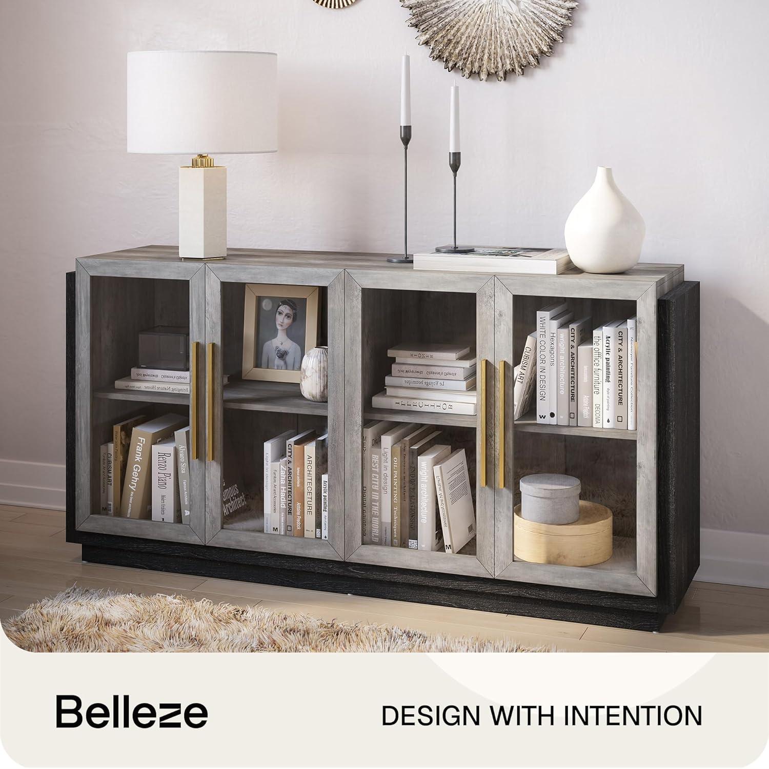 BELLEZE Sideboard Buffet Cabinet, Modern Wood Glass-Buffet-Sideboard with Storage, Console Table for Kitchen, Dinning Room, Living Room, Hallway, or Entrance - Brixston (Grey)