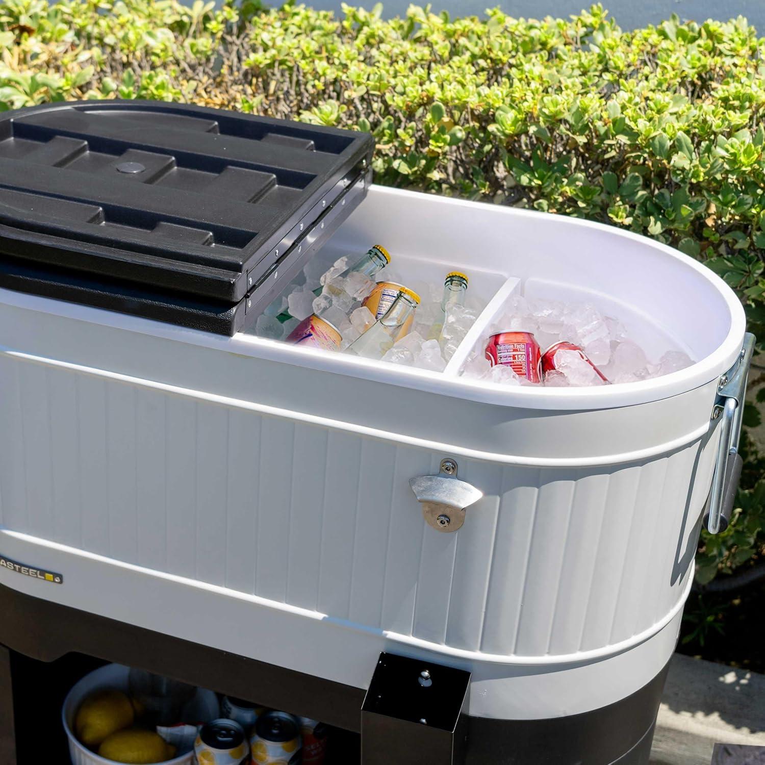 Permasteel 120-QT Outdoor Portable Patio Cooler Ice Chest with 2 Drink Dividers, Swivel Caster Wheels, Heavy-Duty Handles, White