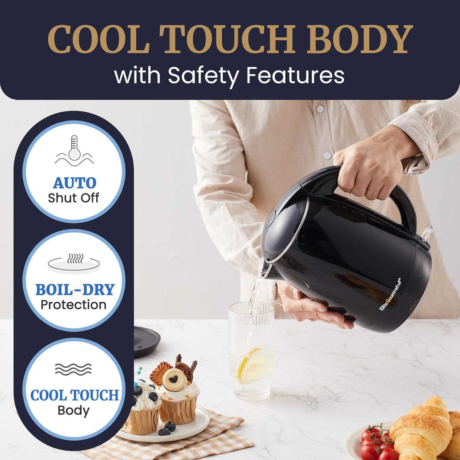 Elite Gourmet 1.8L Cool-Touch Electric Kettle, Stainless Steel, Black
