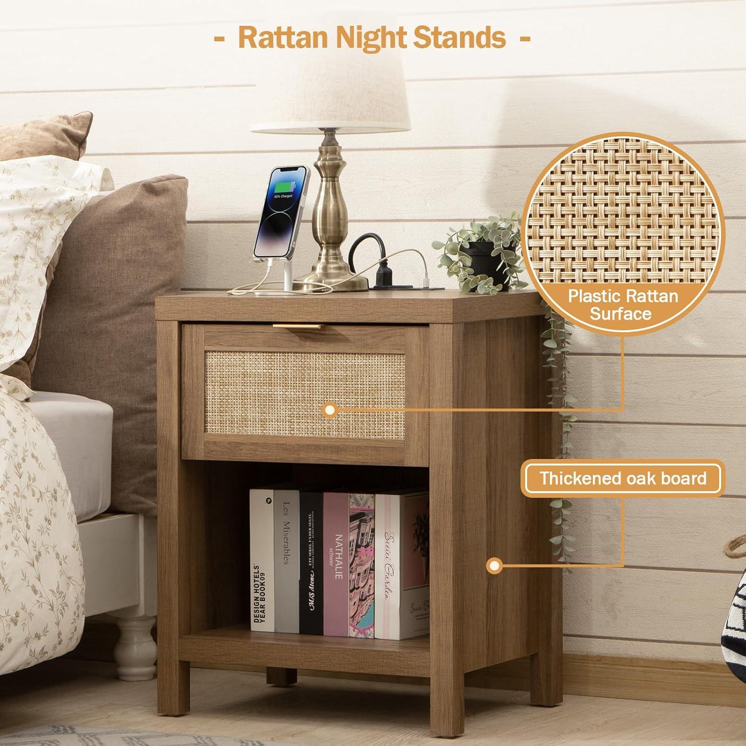 SICOTAS Rattan Nightstands Set of 2 - Farmhouse Night Stand with Drawer and Storage Shelf - Boho Bedside Table End Side Table for Bedroom, Oak