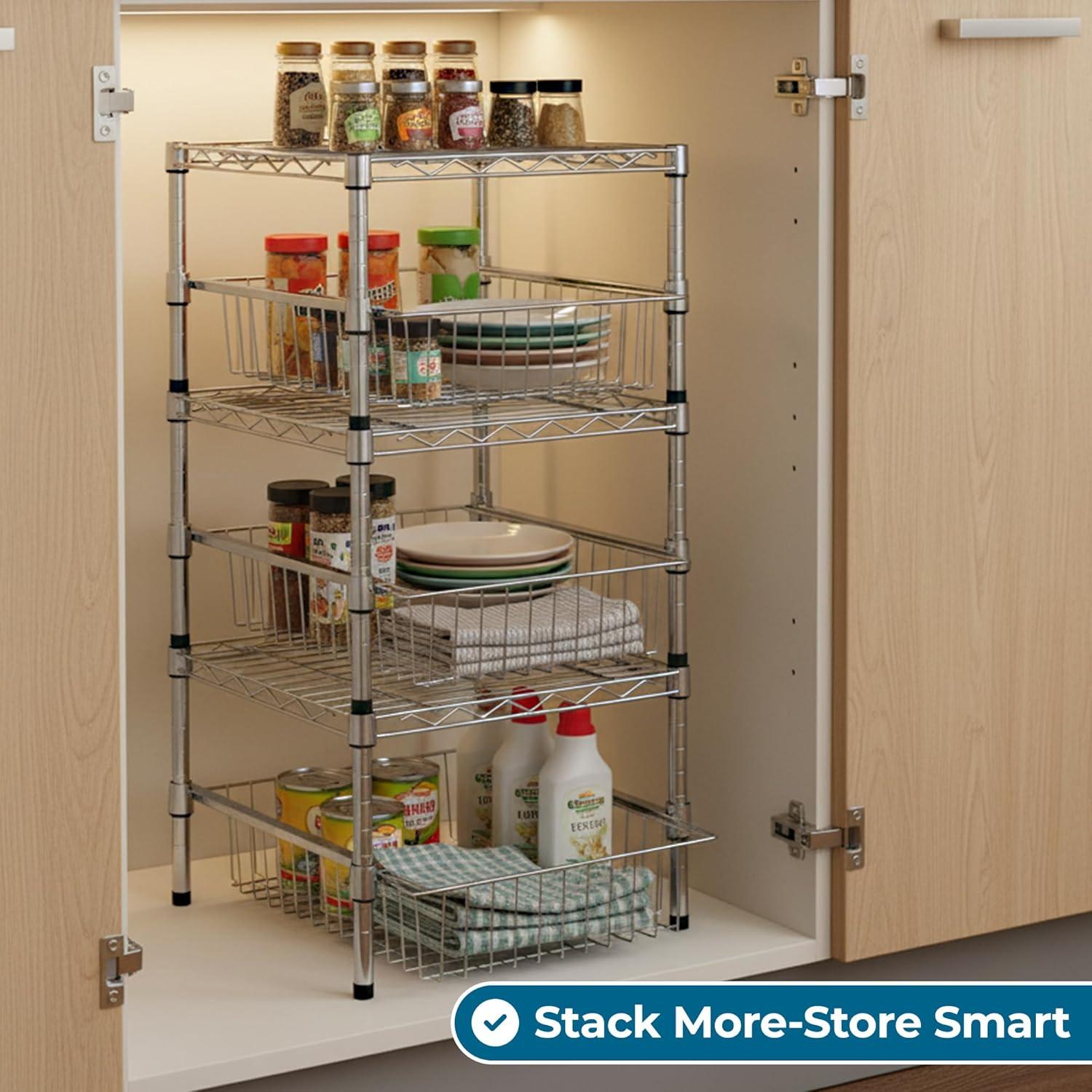 Honey-Can-Do Steel 2-Tier Stackable Adjustable Cabinet Organizer with Drawer, Chrome