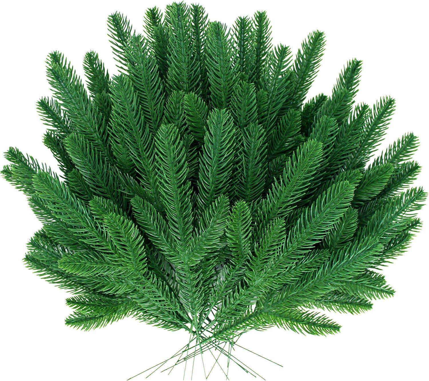 50 Pcs Artificial Pine Branches Christmas Pine Needles Green Plants Fake Greenery Pine Picks Christmas Decorations for DIY Garland Wreath Xmas Embellishing and Home Garden Decoration