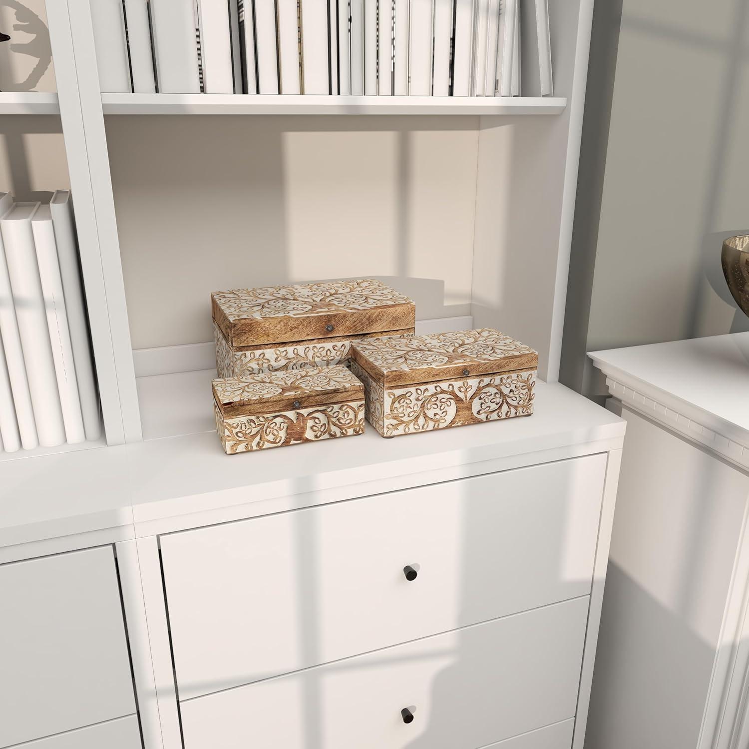 Olivia & May Set of 3 Rustic Carved Mango Wood Boxes : Handmade Keepsake Storage