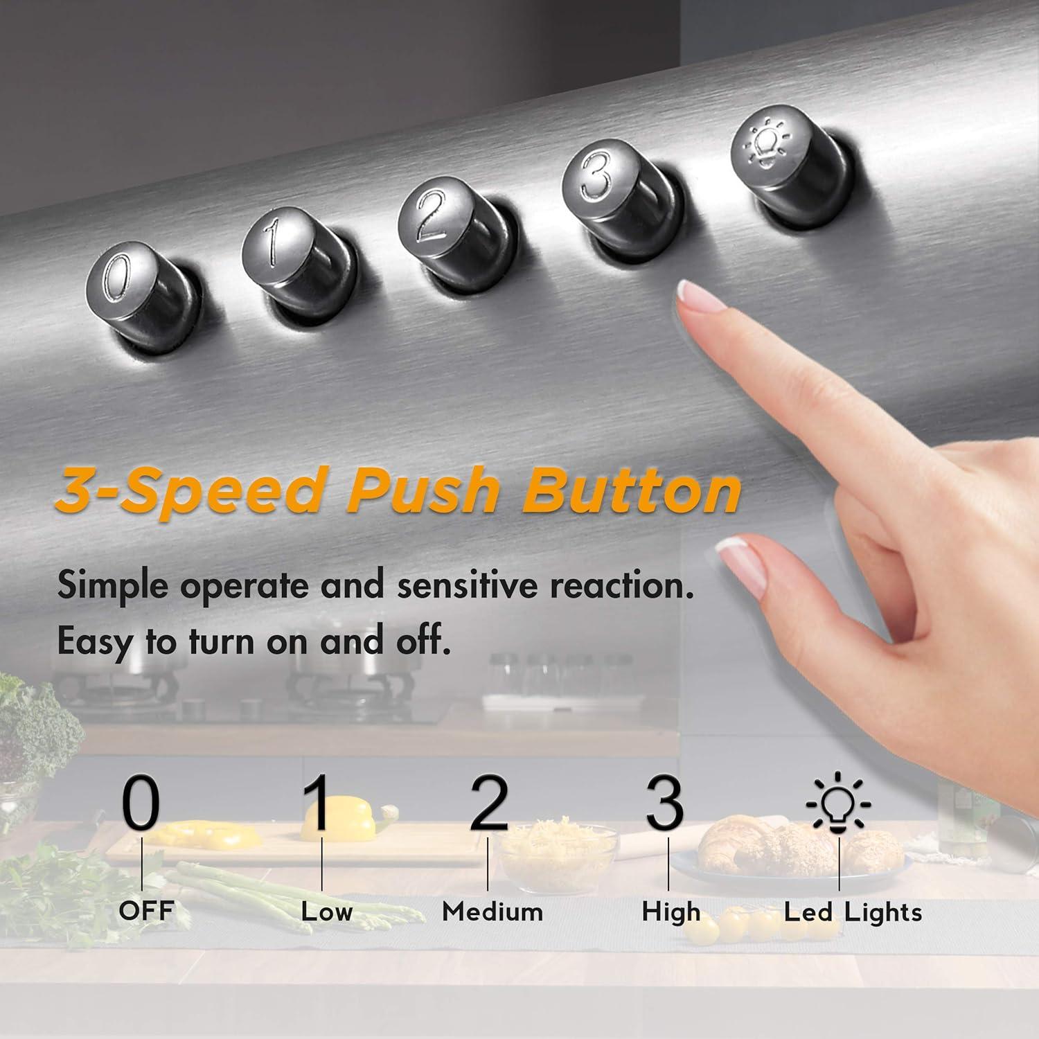 FIREGAS 36 inch Under Cabinet Range Hood 300CFM with Ducted/Ductless Convertible, Slim Kitchen Over Stove Vent, 3 Speed Exhaust Fan, Reusable Aluminum Filters, Push Button, Black