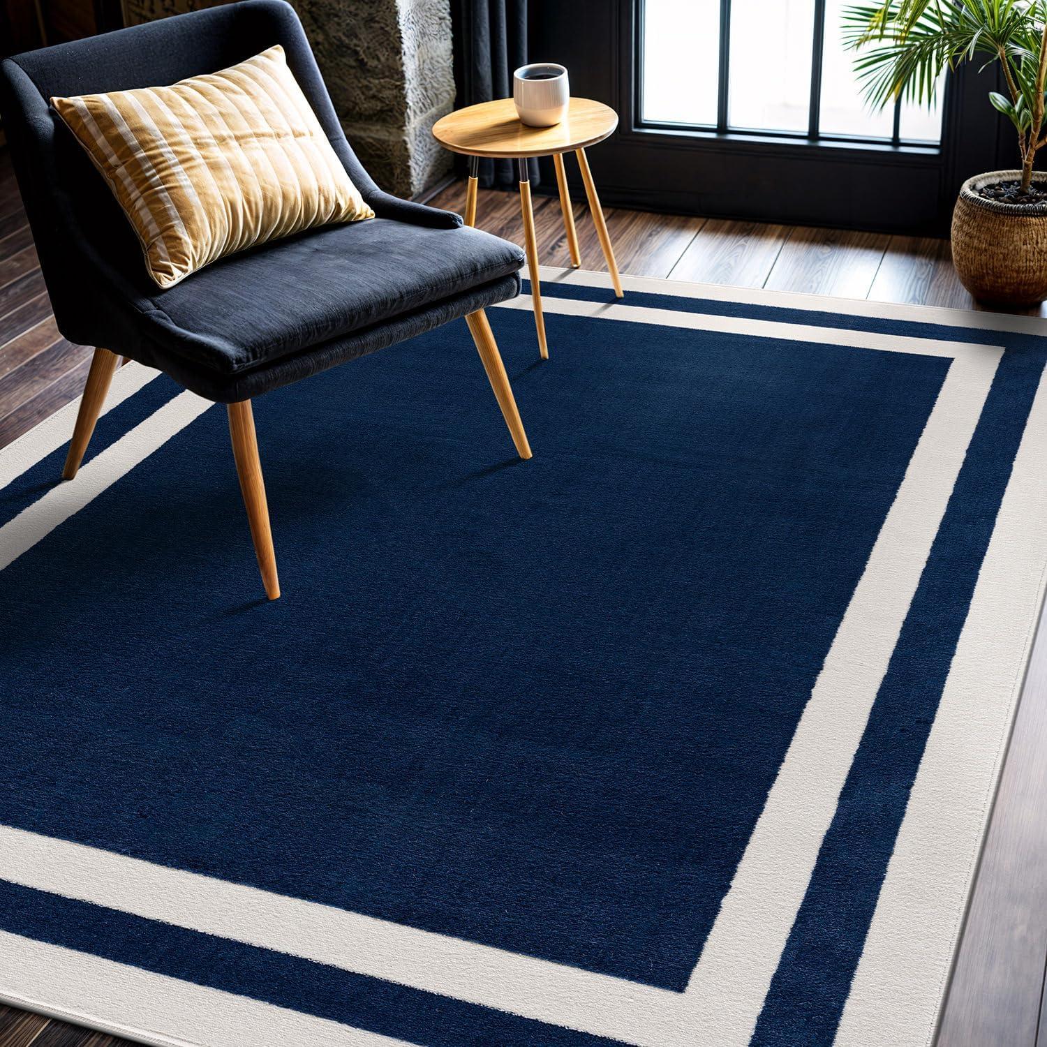 CAMILSON Crystal Navy Blue Area Rug, 6'7"x9' Bordered, for Living Room, Bedroom, Dining Room Navy Blue / Cream Indoor Area Rugs