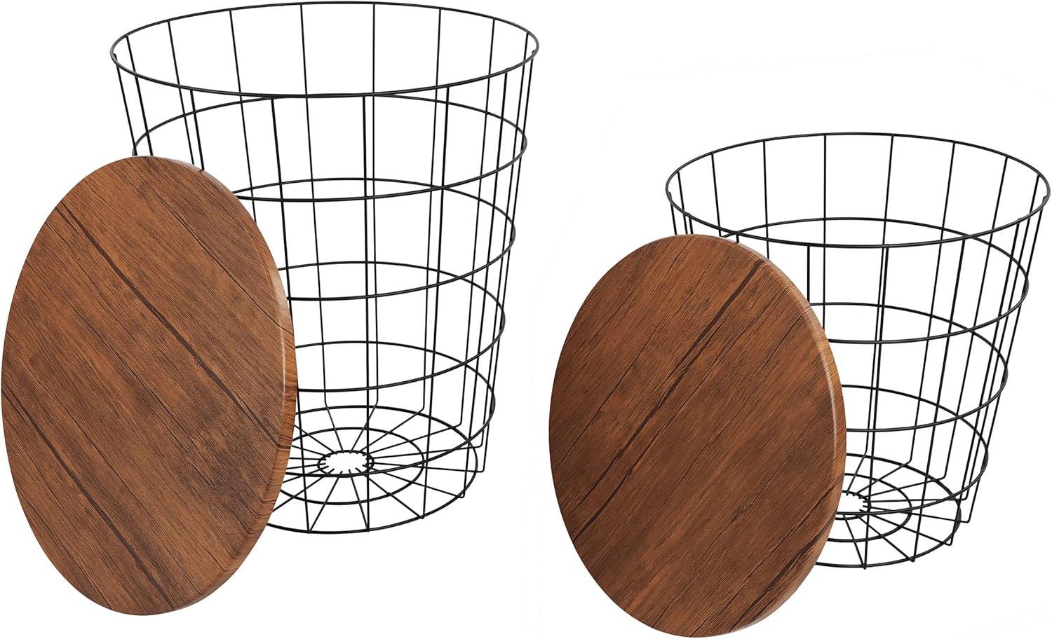 Round Black Metal Wire Basket Side Tables with Wood Composite Tops