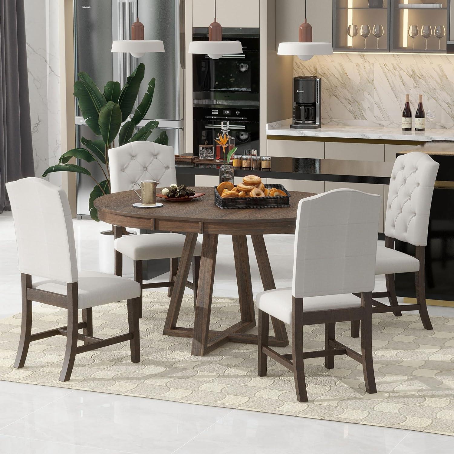 Walnut Round Extendable Dining Table Set with Beige Cushioned Chairs