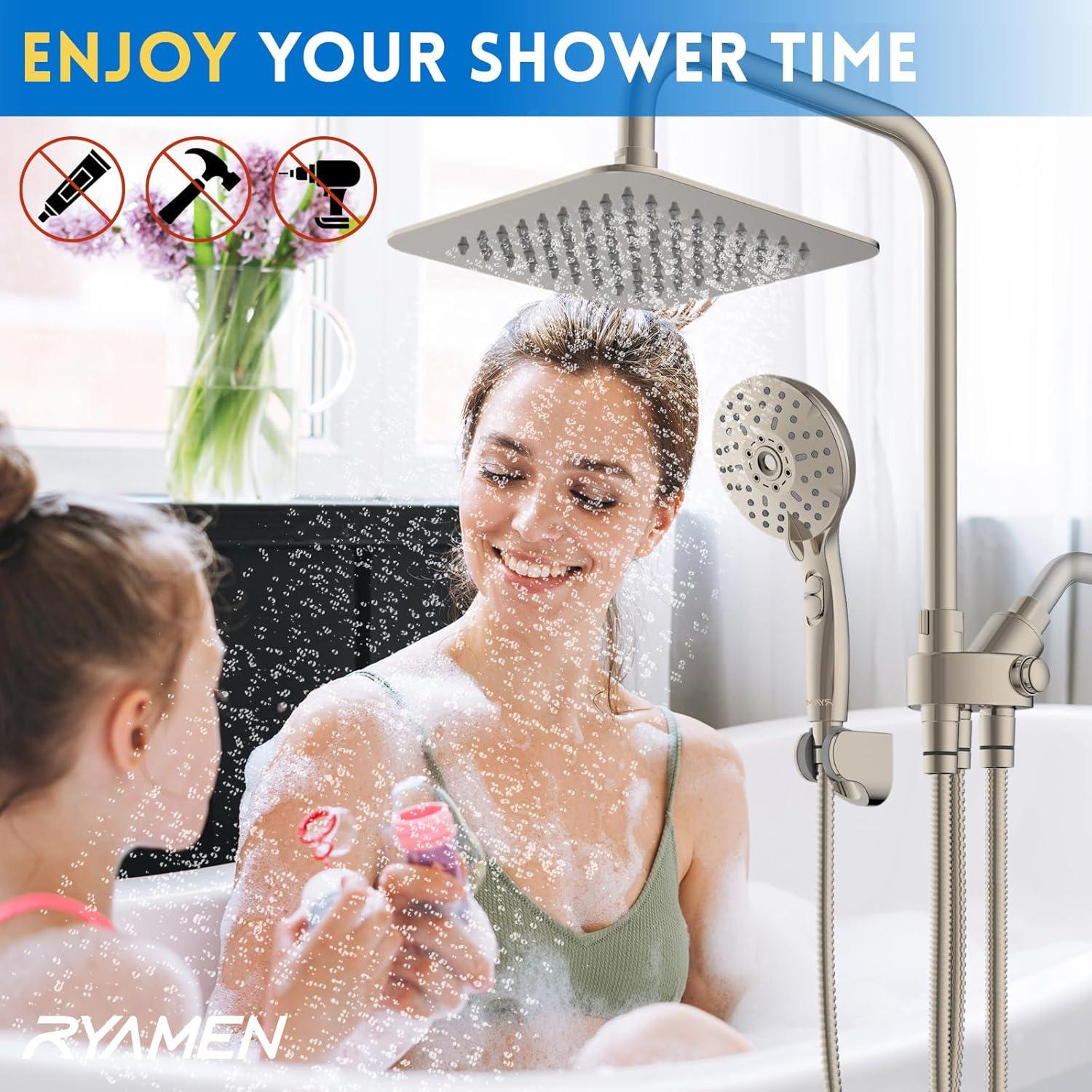 8" Dual Shower Head Combo, Rainfall Shower Head with Handheld, 6 Spray Settings Angle Adjustable Handheld Shower Head with Pause, Height Adjustable, Matte Black