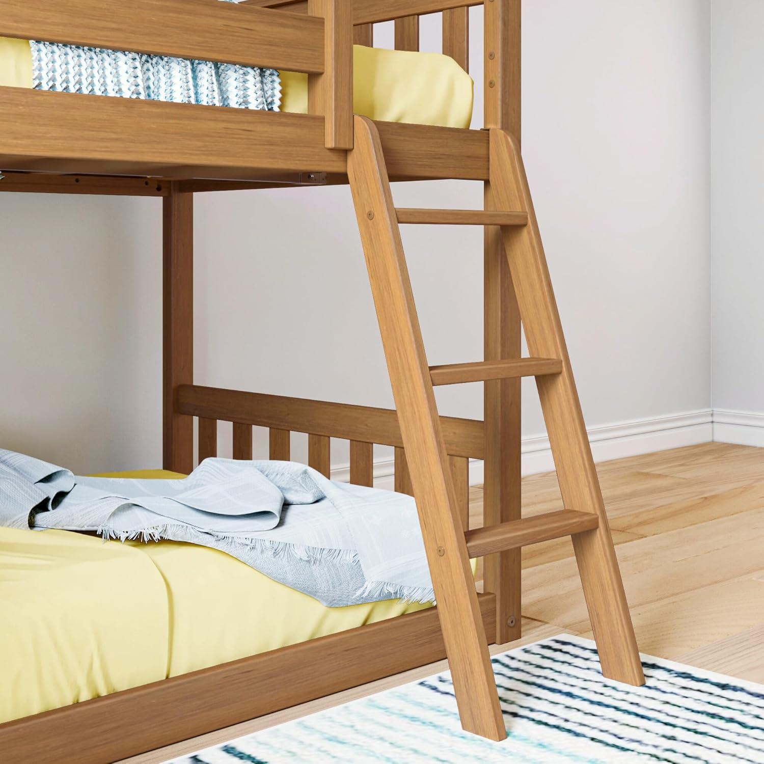 Max & Lily Twin Over Twin Low Bunk Bed with Slide, Solid Wood Kids Platform Bed with 14” Guardrails, Pecan