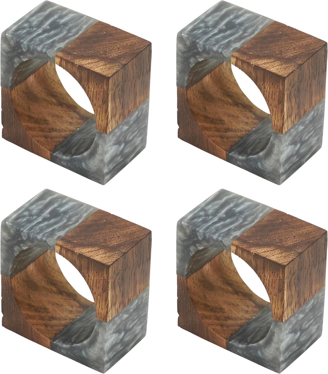 Gray Mango Wood and Resin Square Napkin Rings, Set of 4