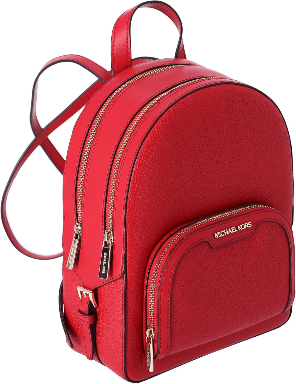 Michael Kors Jaycee Medium Bright Red Pebble Leather Zip Pocket Backpack Bag