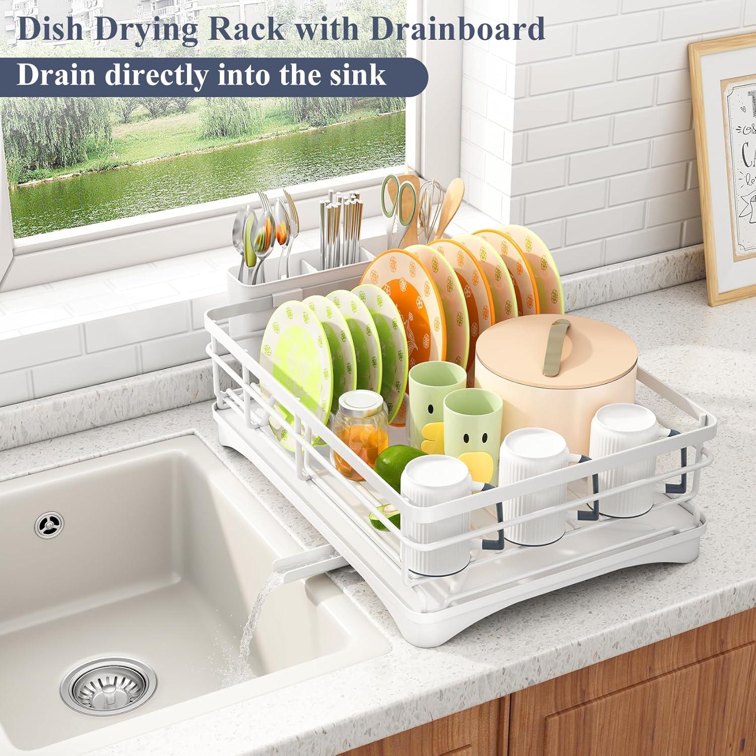 Expandable Stainless Steel Dish Drying Rack with Utensil Holder, White