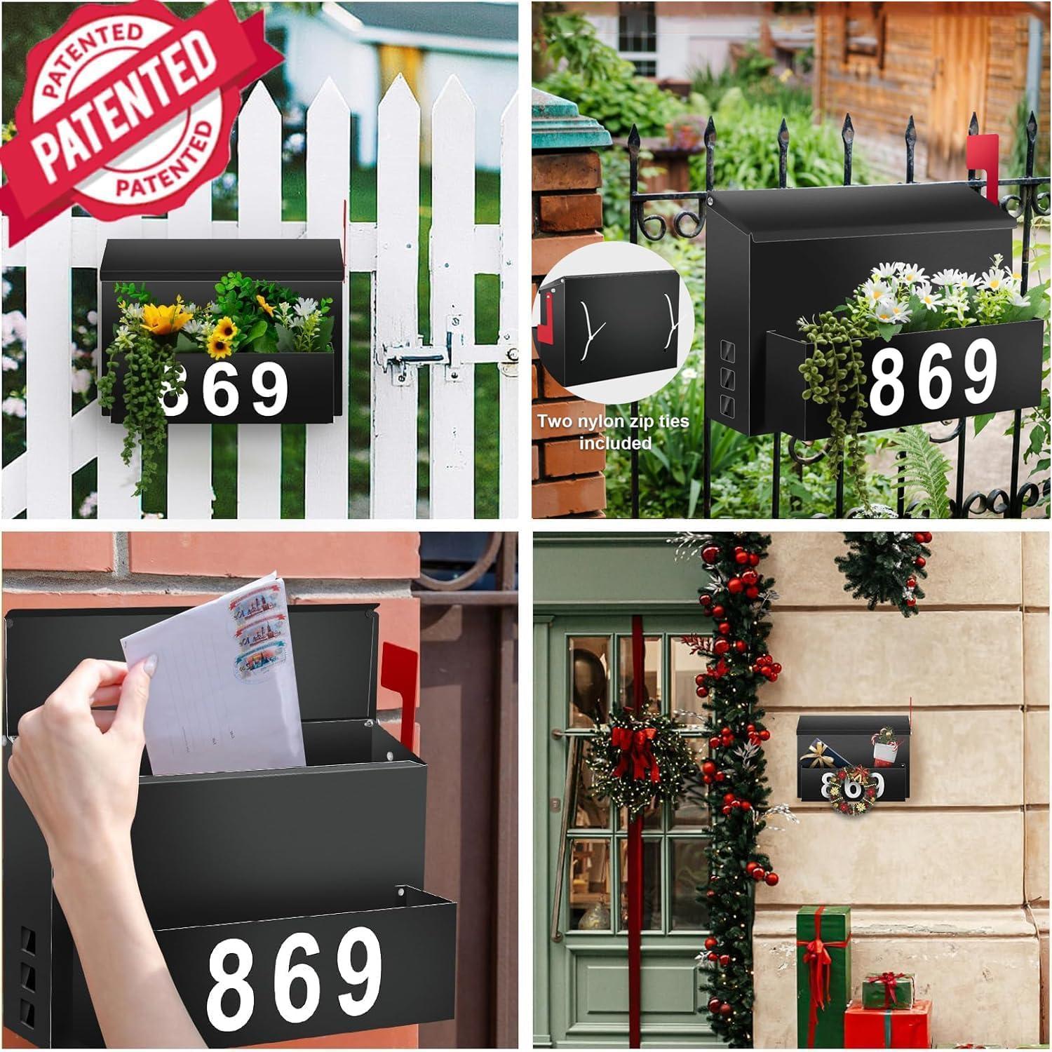RIZPET Wall-Mount Mailbox With Flag, Large Capacity Mailboxes For Outside House With Planter & 3 Sets Of 0-9 Mailbox Number Stickers, Galvanized Steel Rust-Proof Post Box Metal Mail Box, 9.8"H
