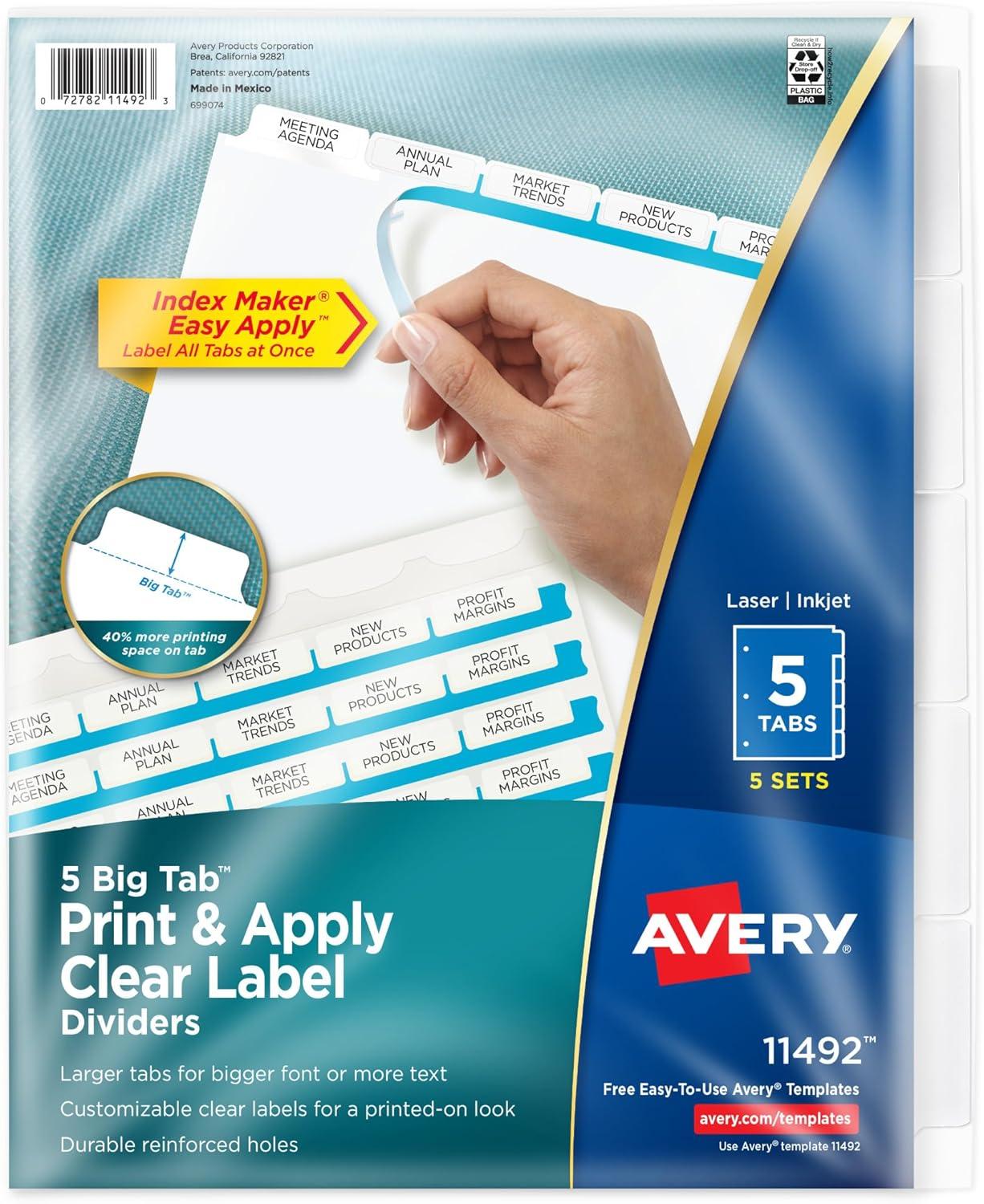 Avery Print & Apply Clear Label Dividers w/White Tabs 5-Tab Letter 5 Sets 11492