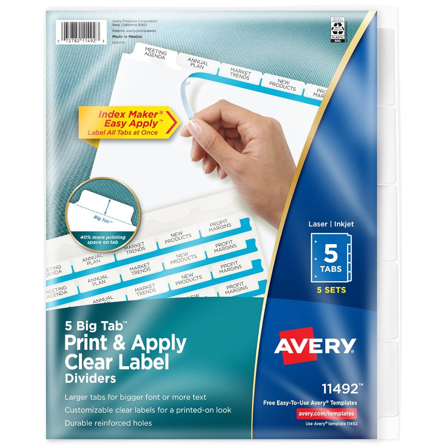 Avery Print & Apply Clear Label Dividers w/White Tabs 5-Tab Letter 5 Sets 11492