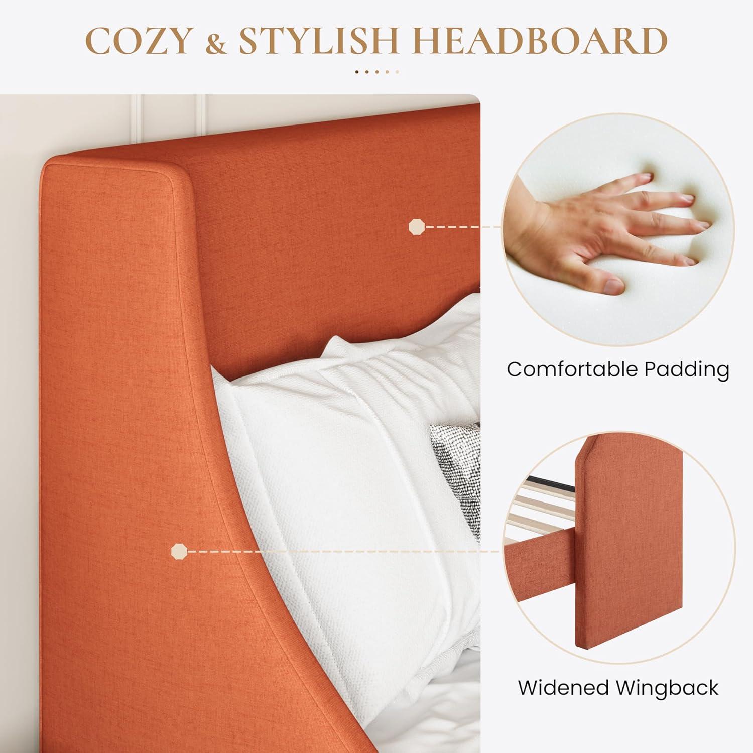 SHA CERLIN Upholstered Bed Frame King Size with Streamlined Wingback Headboard, Breathable Linen Fabric, Solid Wooden Slats, Easy Assembly, Orange