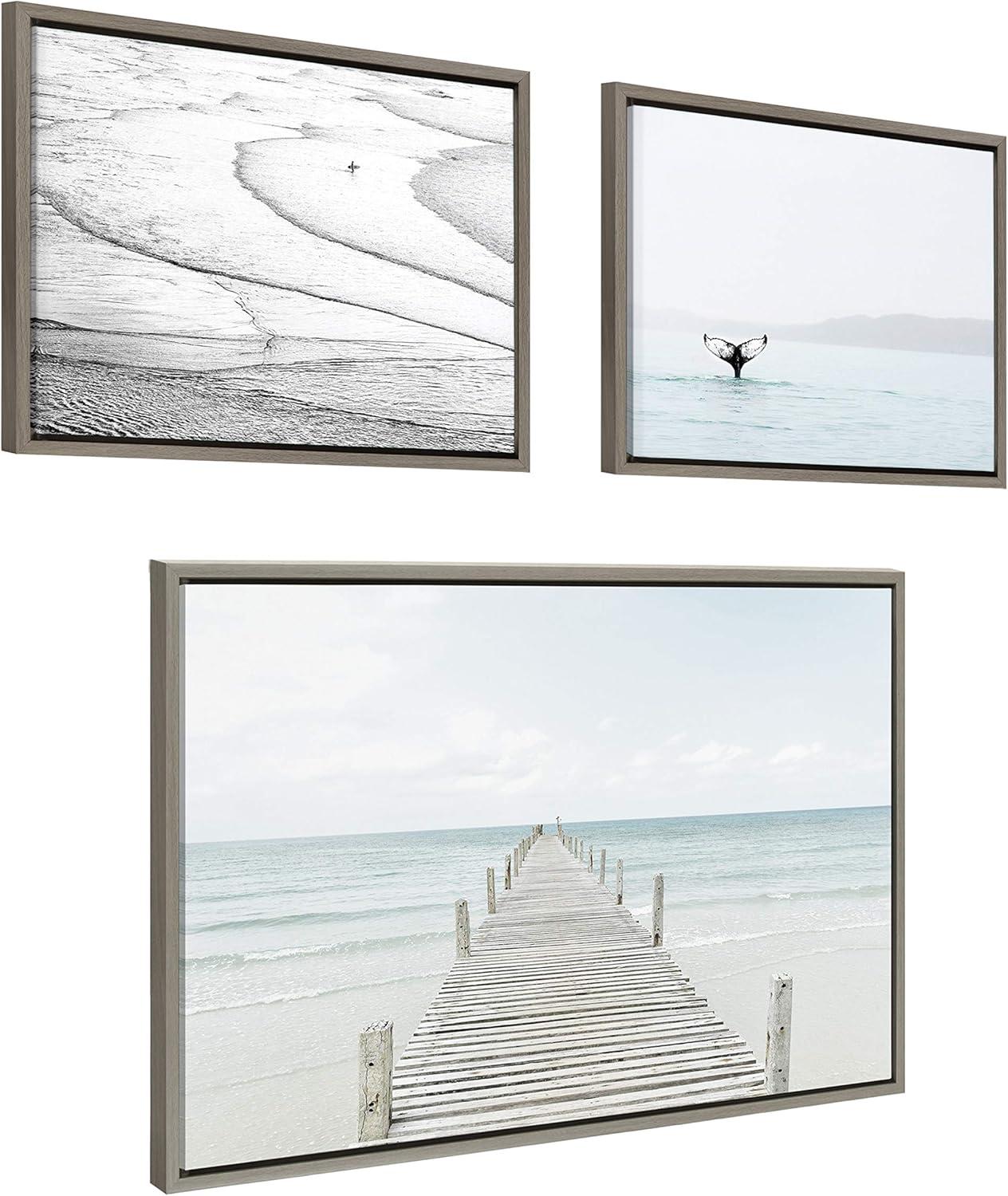 Kate and Laurel Sylvie Beach Canvas Wall Art Collection by Pete Olson and Amy Peterson, Set of 3, 16x20 and 23x33 Gray, Chic Coastal Art Set for Wall