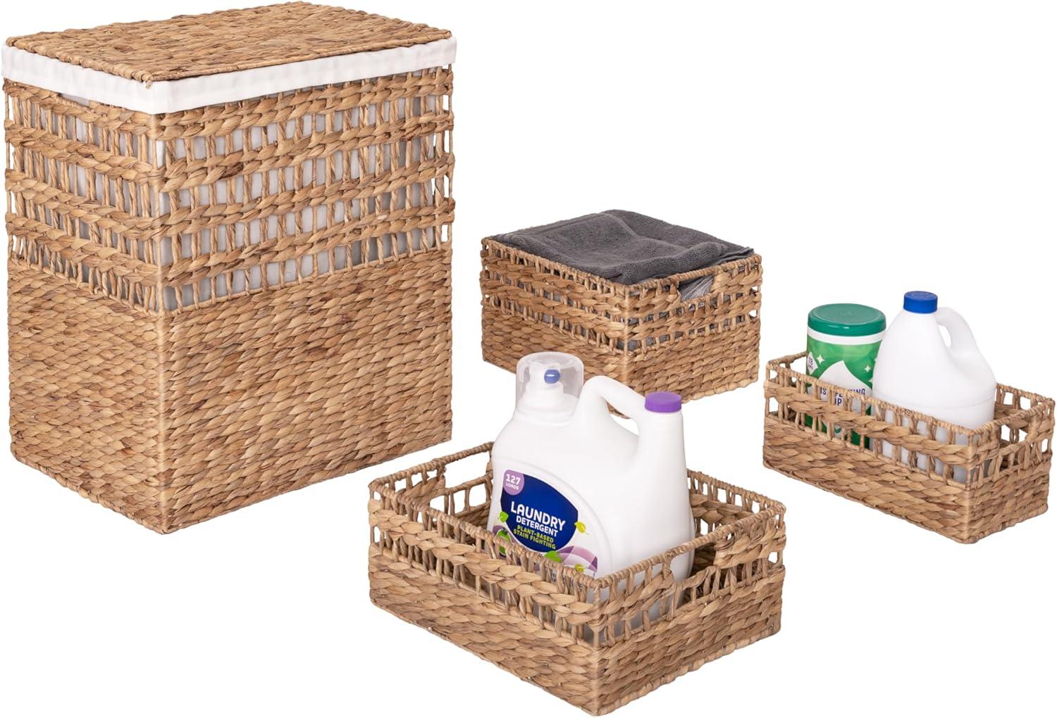 Sustainable Handwoven Lidded Hamper and Basket Set, Water Hyacinth