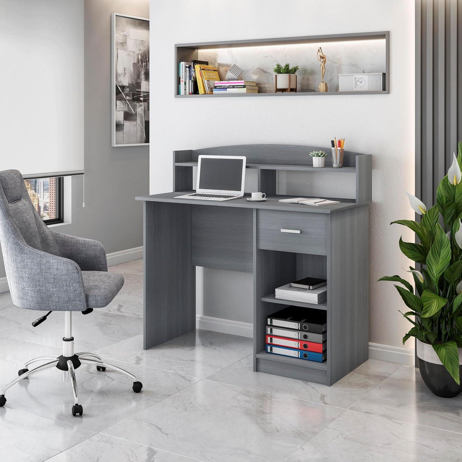 Modern Office Desk with Hutch Gray - Techni Mobili: Laminated Particle Board, Storage Hutch