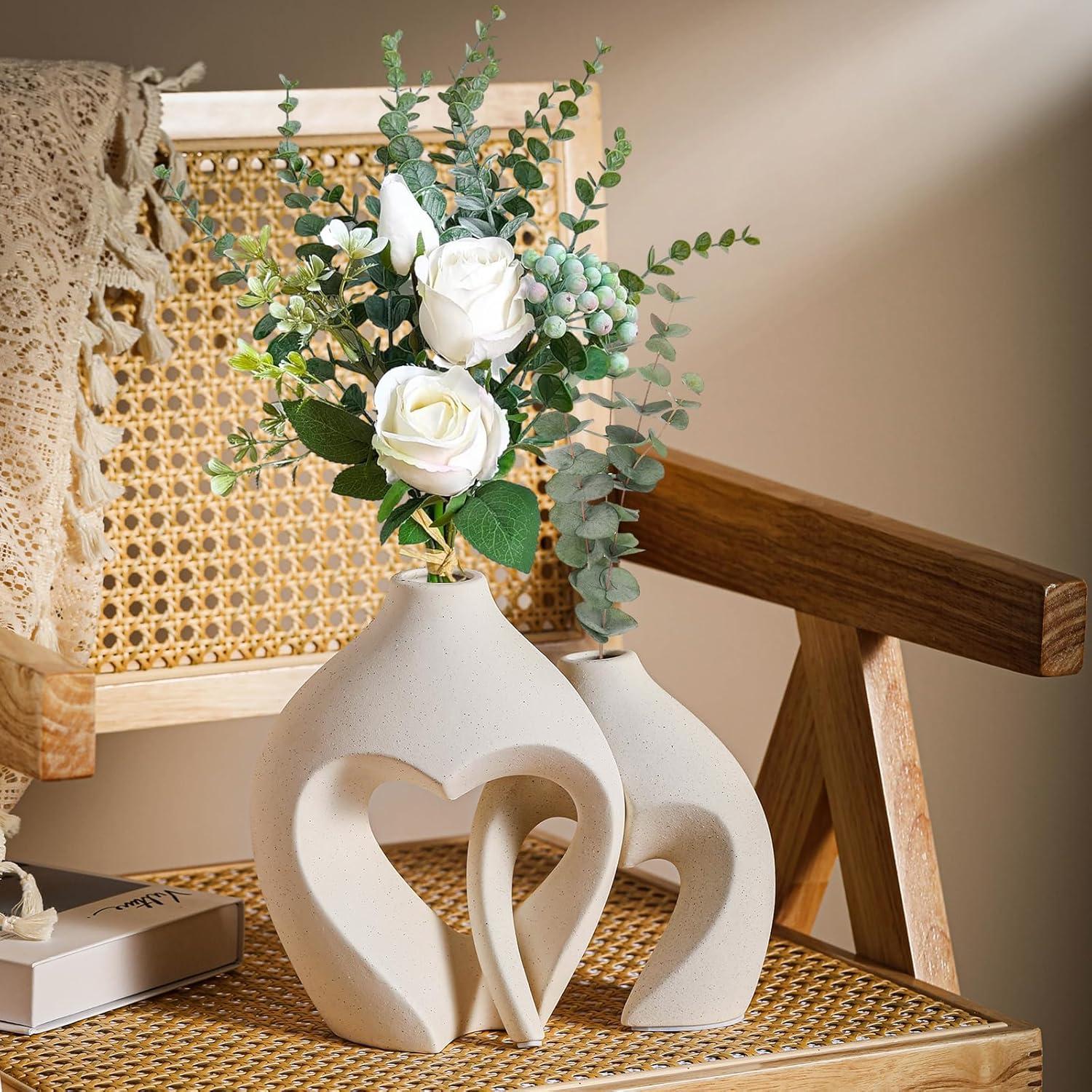 Ivy Bronx White Vases For Decor, Heart Shaped Ceramic Vase Set Of 2, Nordic Heart Shaped Vases, Minimalist Decorative Vase For Table Centerpiece Wedding Dining Living Room Office House Decoration