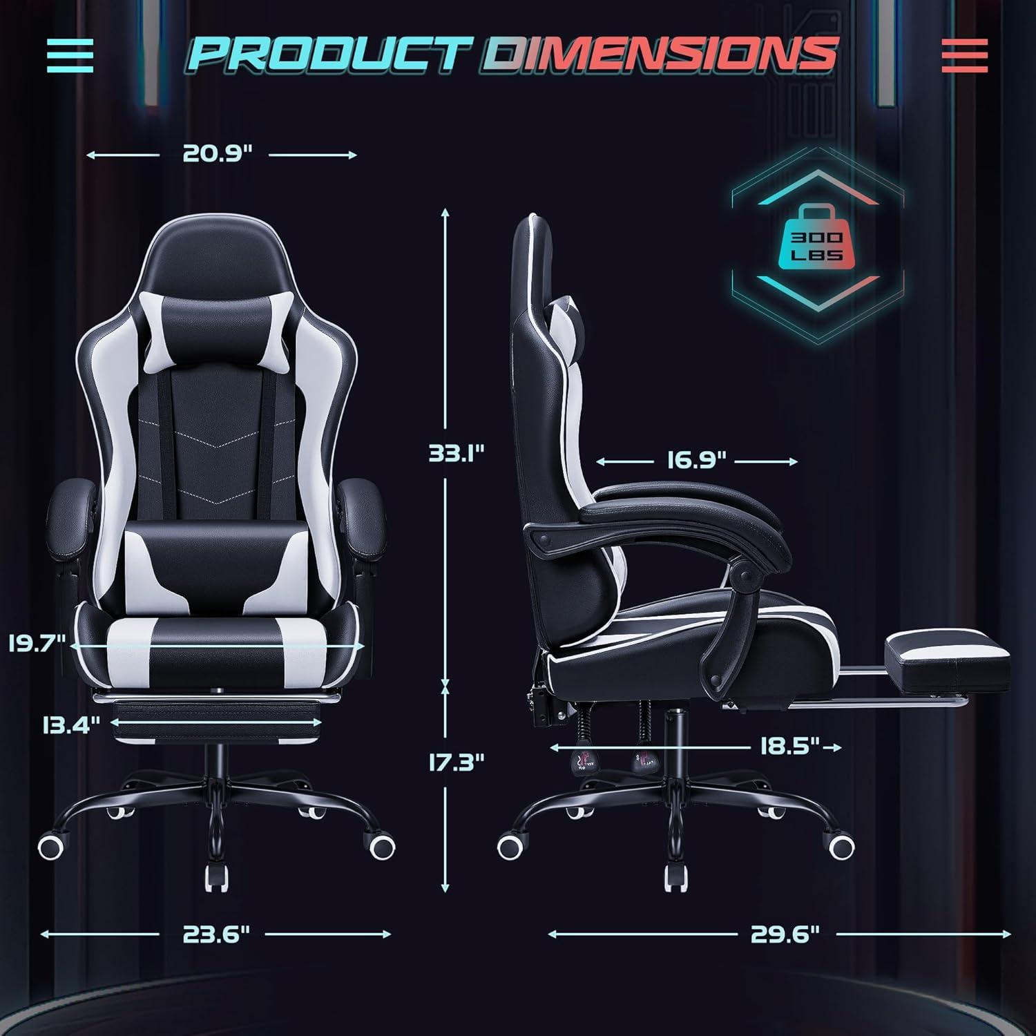 Killeryuki Gaming Chair, Video Game Chair with Footrest and Massage Lumbar Support, Ergonomic Computer Chair Height Adjustable with Swivel Seat and Headrest (White)