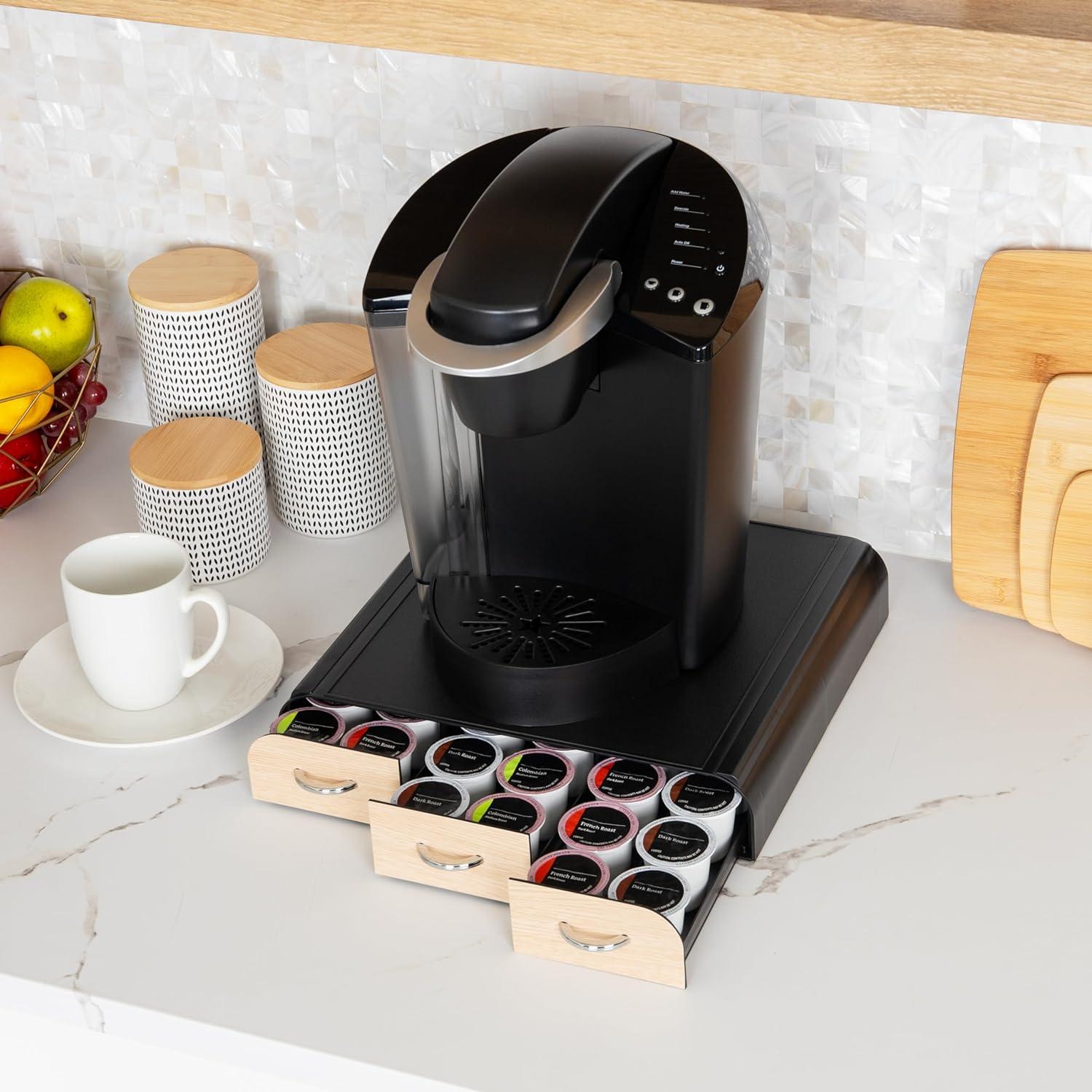 Mind Reader 36 Capacity 'Anchor' Triple Drawer Single Serve Coffee Pod Holder Drawer, Black with Brown Wood Veneer, Brown