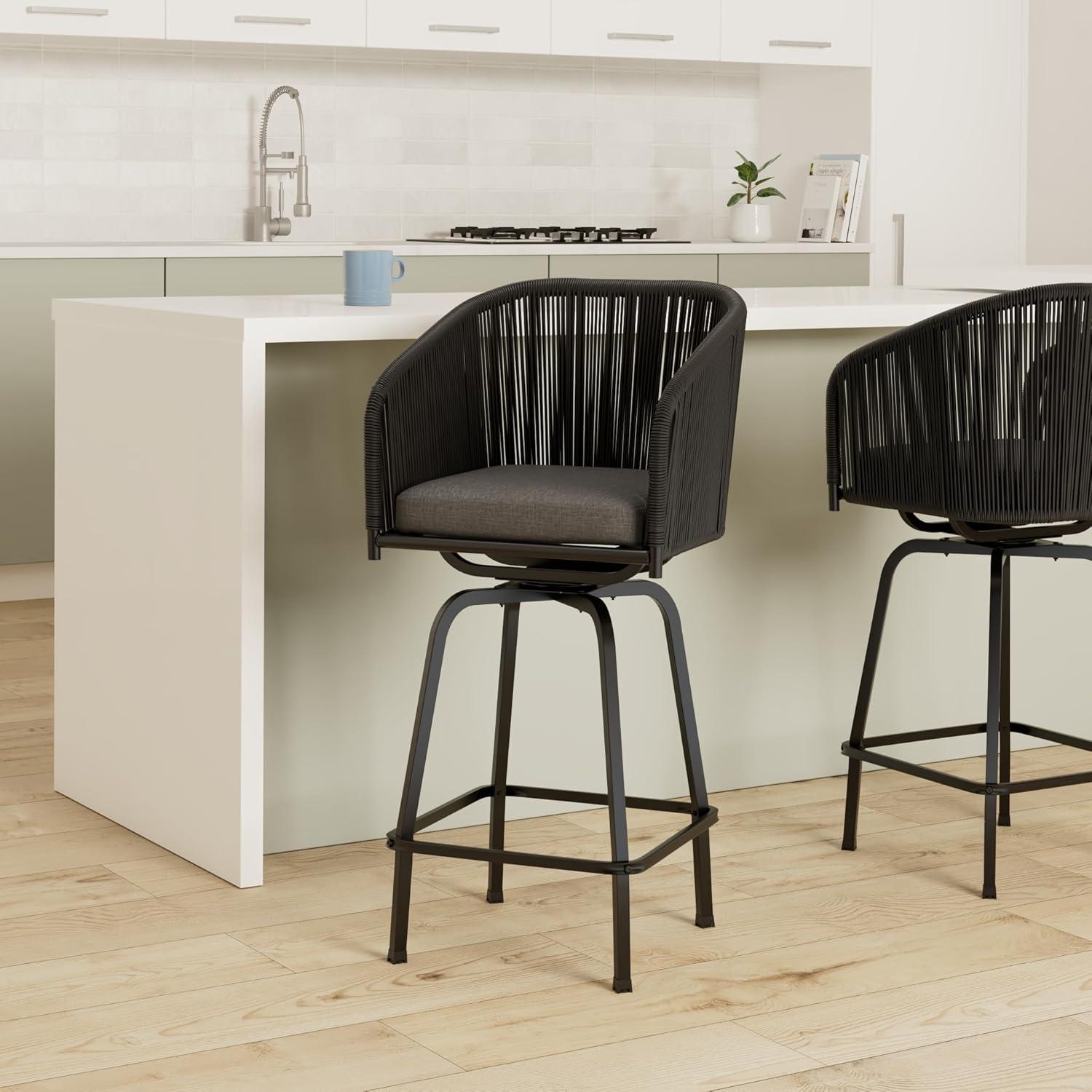 Best Choice Products Set of 2 Woven Wicker Swivel Barstools, Patio Bar Height Chairs w/ 360 Rotation - Black/Gray