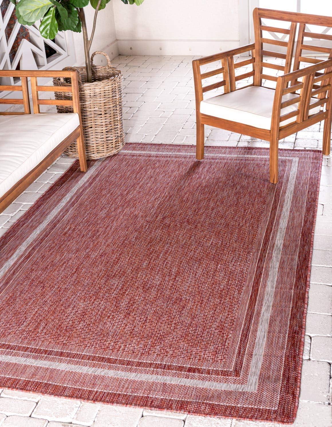 Unique Loom 7' 1 x 10' 0 Rectangle Indoor/Outdoor Border Rust Red Area Rug