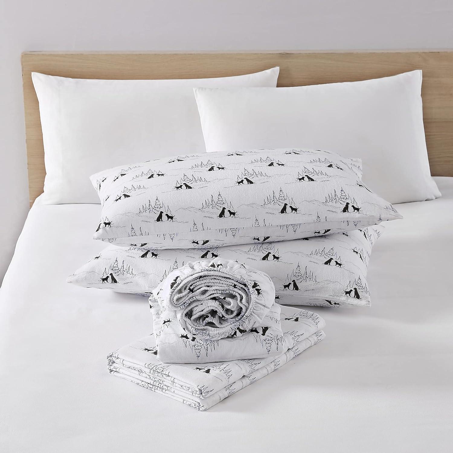 Twin White Cotton Flannel Sheet Set with Dog Print