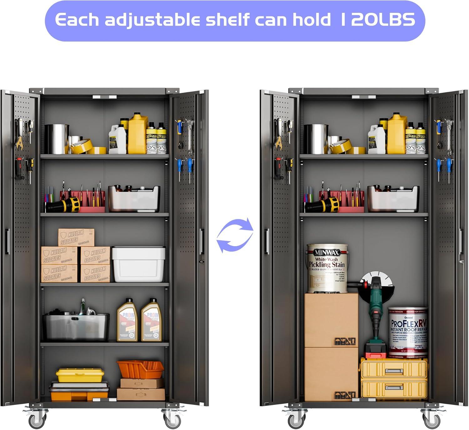 AOBABO 72 Inch Locking Metal Garage Storage Cabinet with Universal Rubber Wheels with Lockable Casters, Pegboards, and Magnetic Doors, Black