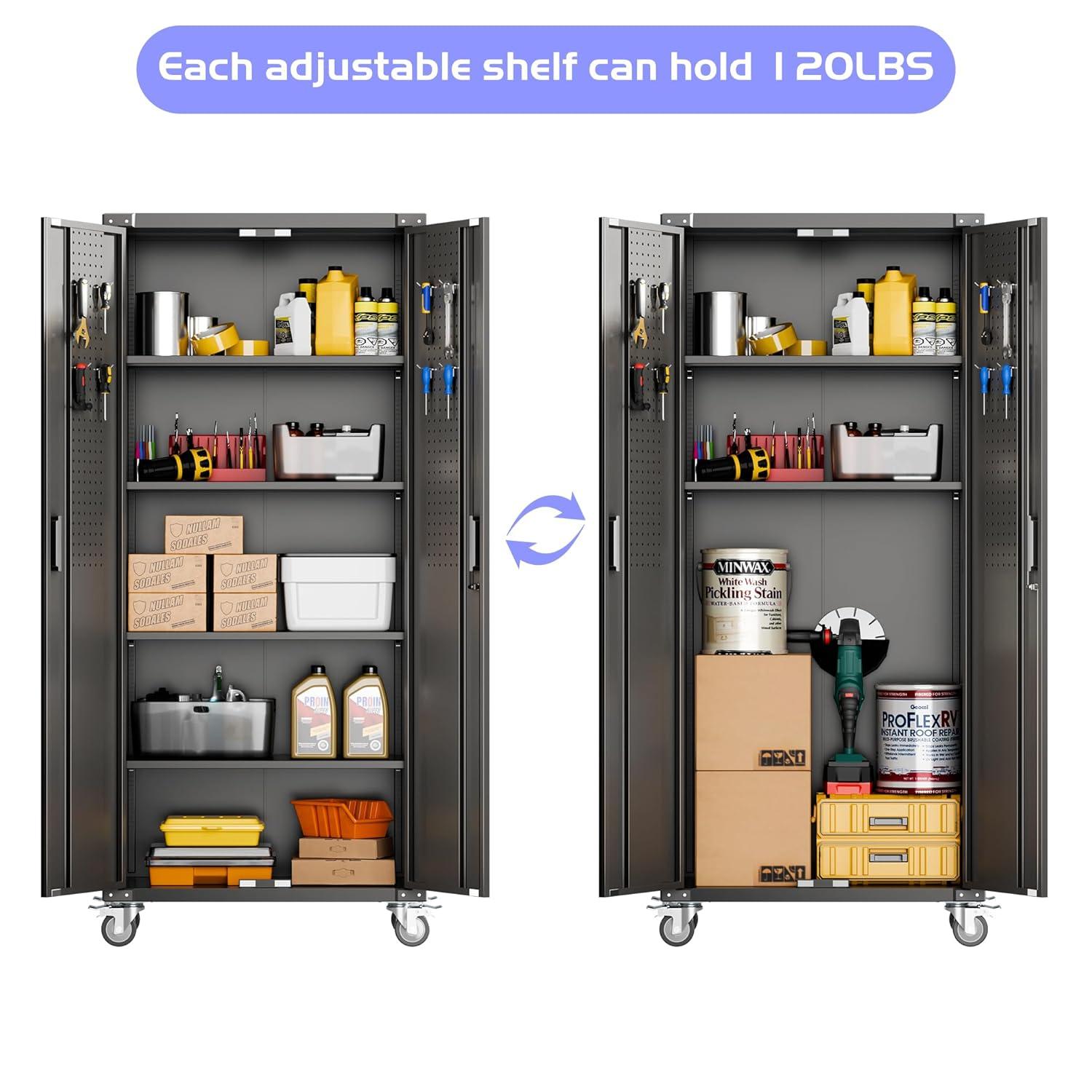 AOBABO 72 Inch Locking Metal Garage Storage Cabinet with Universal Rubber Wheels with Lockable Casters, Pegboards, and Magnetic Doors, Black