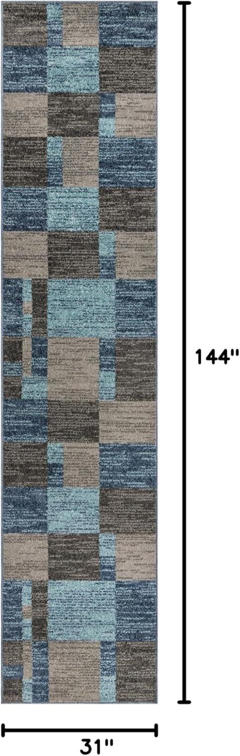 Blue Gray Geometric Stain-Resistant Runner Rug