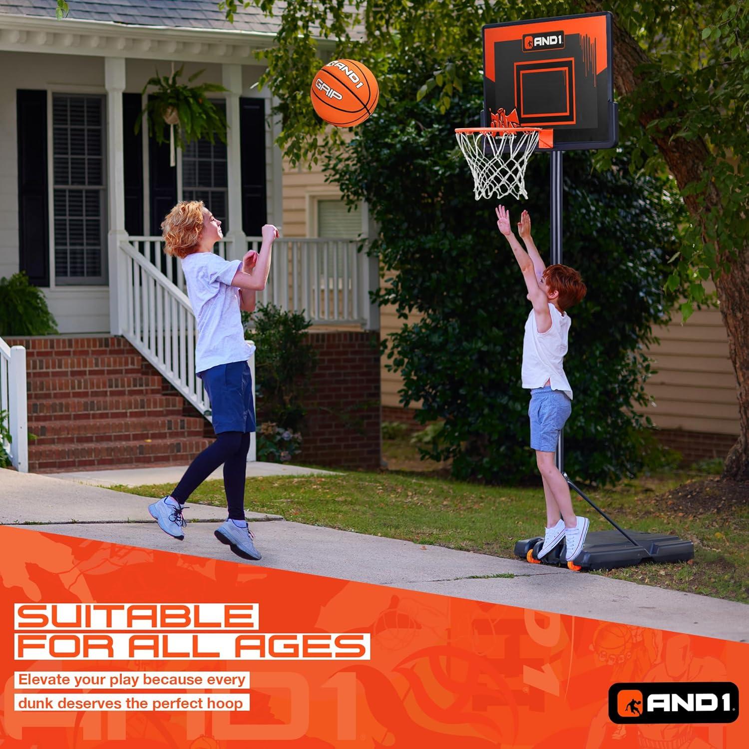 AND1 32" Youth Basketball Hoop & Basketball Bundle - Adjustable Portable Outdoor Hoop, 5-7 ft Adjustable Height