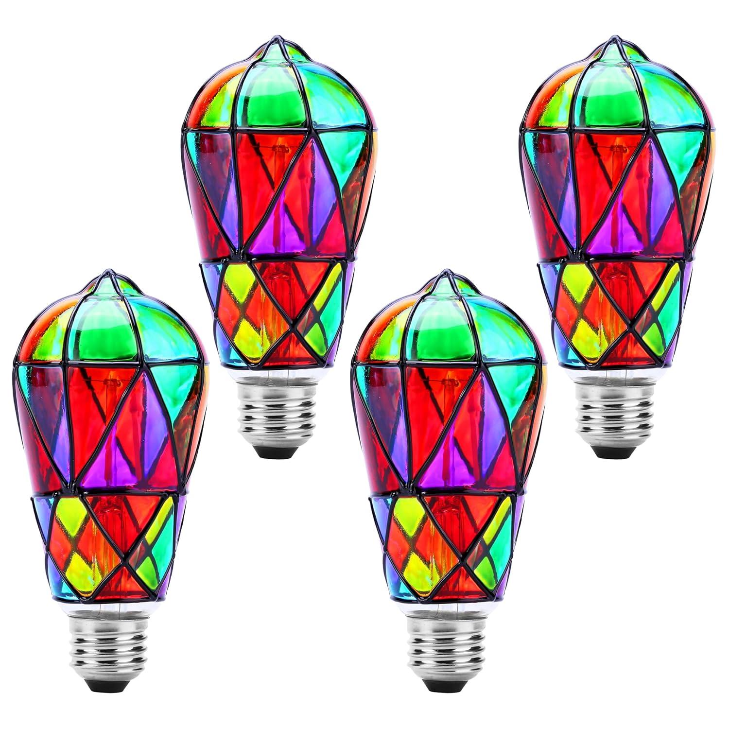 4 Pack Stained Glass Light Bulbs, LED Edison Light Bulb E26 3.5W Replacement Light Bulbs Tiffany Style for Bedroom Living Room Home Christmas Decoration