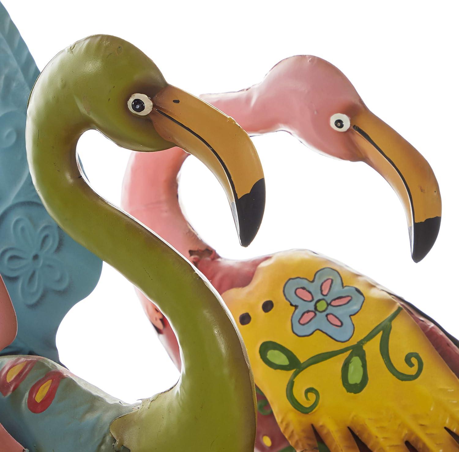 28" Multicolor Hand-Painted Metal Flamingo Garden Sculptures, Set of 2