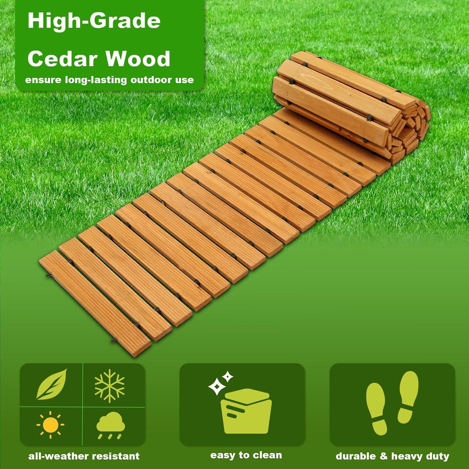 LINSHRY 12FT Wooden Garden Pathway, Outdoor Roll Out Decorative Garden Walkway, Weather-Resistant Non-Slip Hardwood Pathway for Backyard, Beach, Wedding Party Paths
