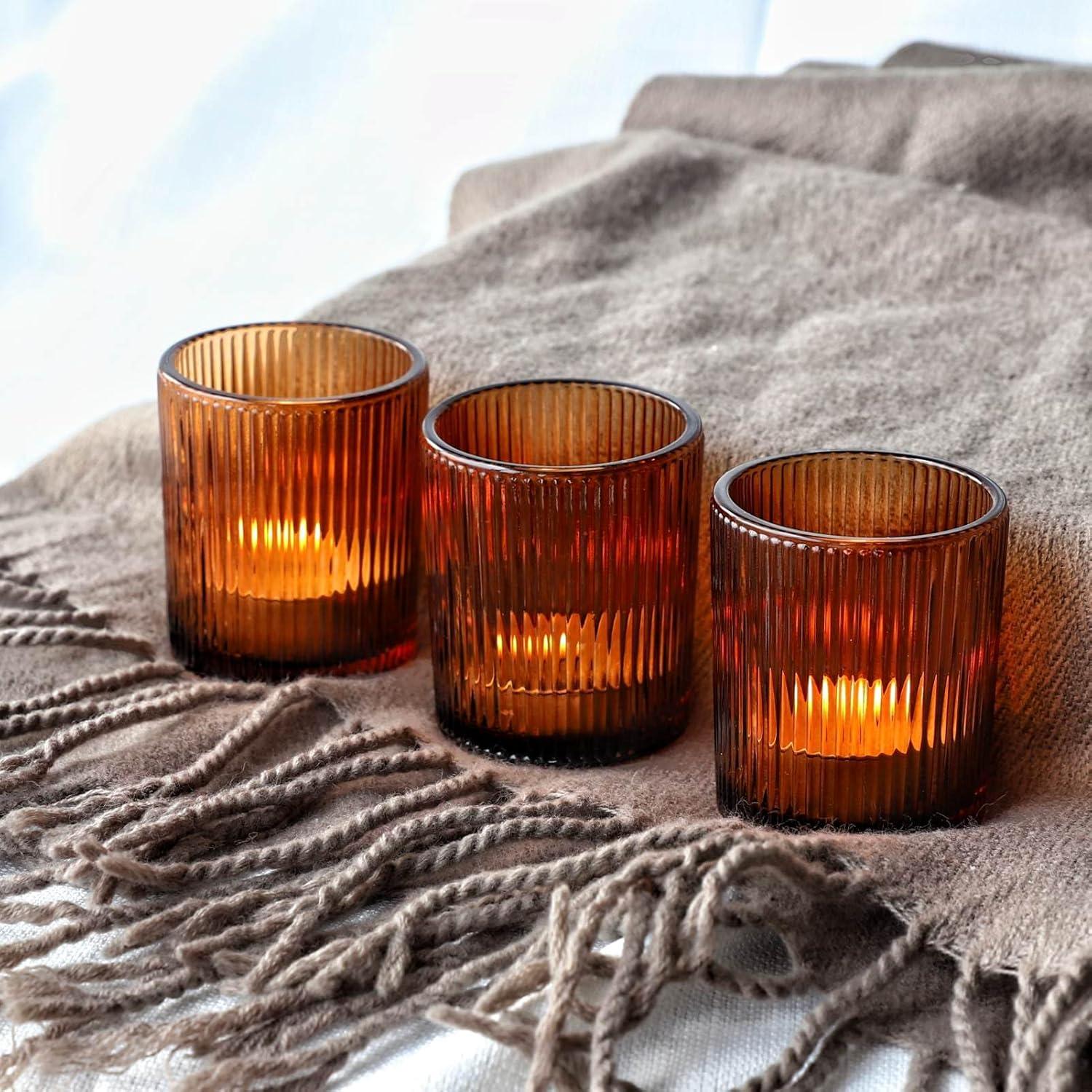 Amber Ribbed Glass Votive Candle Holders, Set of 12