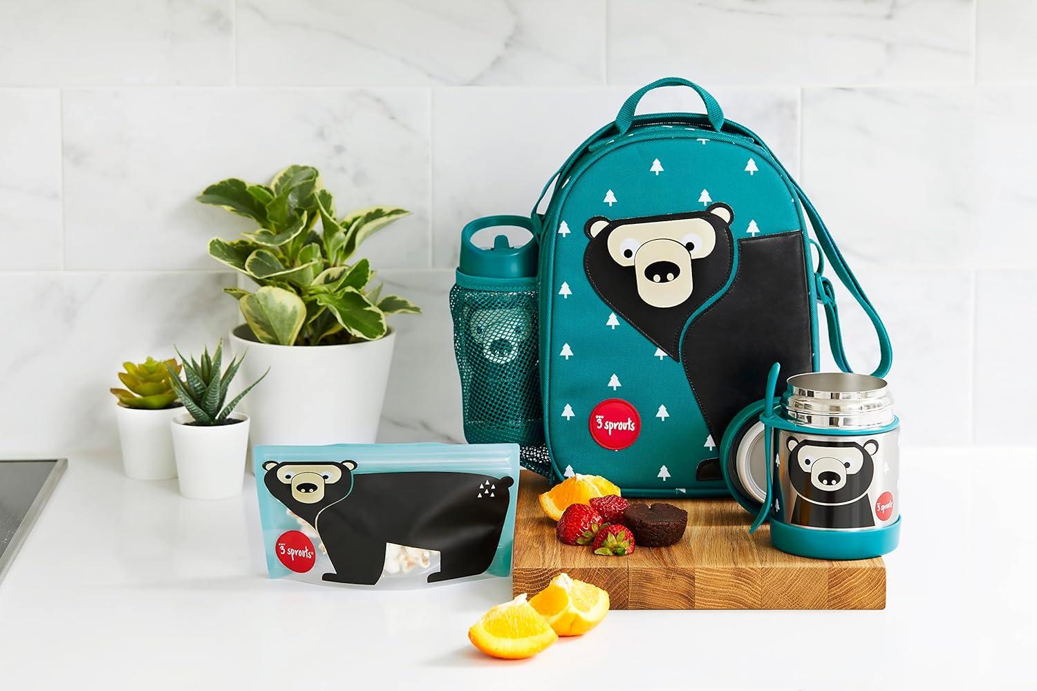 3 Sprouts Insulated Lunch Bag for Kids - Reusable Tote with Shoulder Strap, Handle and Pockets, Bear