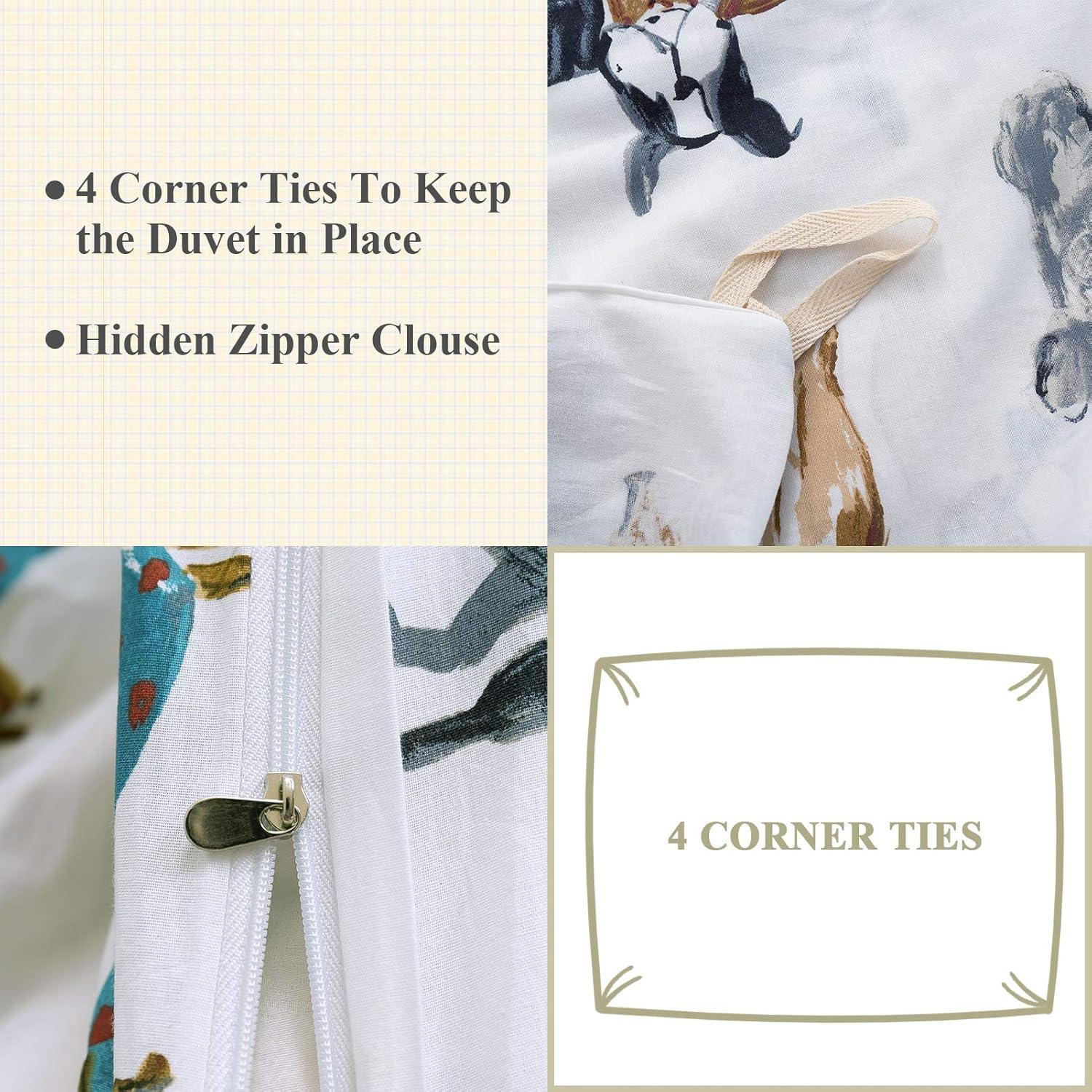 Ivellow 100% Cotton Queen Duvet Cover Set, Cartoon Dog Puppy Patterned Kids Duvet Cover for Boys Girls Soft Bedding Sets 3Pcs White Comforter Cover with Zipper Closure 2 Pillowcases, (No Comforter)