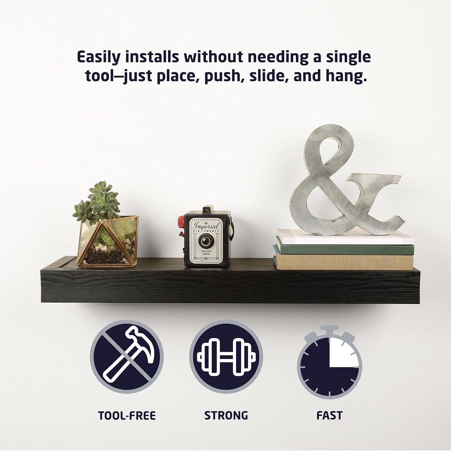 HIGH & MIGHTY Modern 36" Floating Shelf Holds up to 25lbs, Easy Tool-Free Dry Wall Installation, Flat, eCommerce Packaging, Espresso