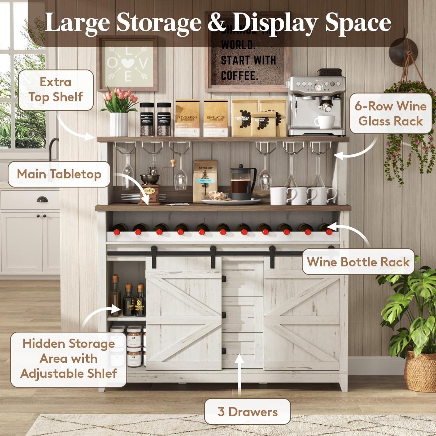 Gracie Oaks Farmhouse Wine Bar Cabinet With Sliding Bar Door And Led Lights, Sideboard With 2 Layers Tabletops, Wine And Glass Racks, 2 Storage Cabinets With Adjustable Shelf, 3 Drawers, Rustic White