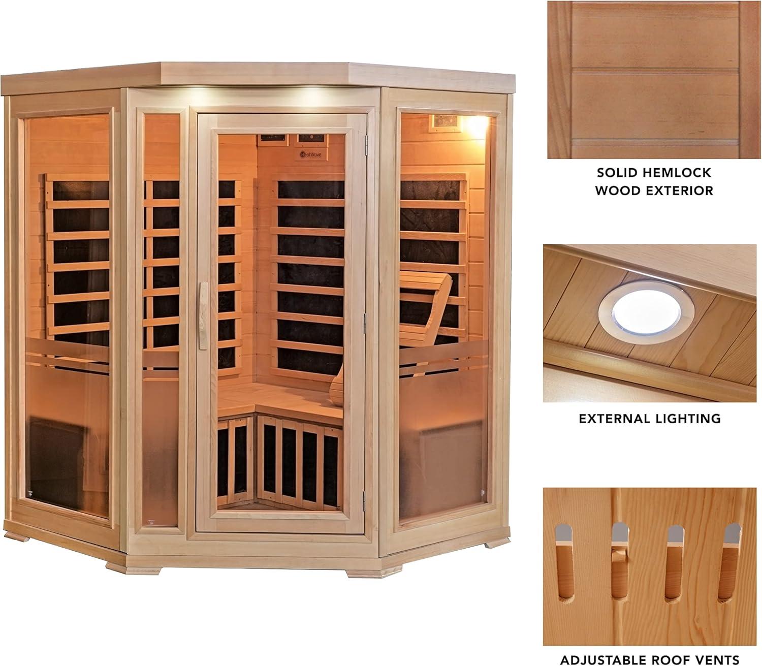 Bluewave Sonoma 3-Person Hemlock Infrared Corner Sauna with 7 Carbon Heaters