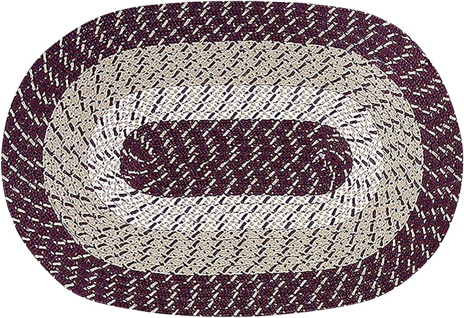 Burgundy Stripe Oval Braided Synthetic Area Rug