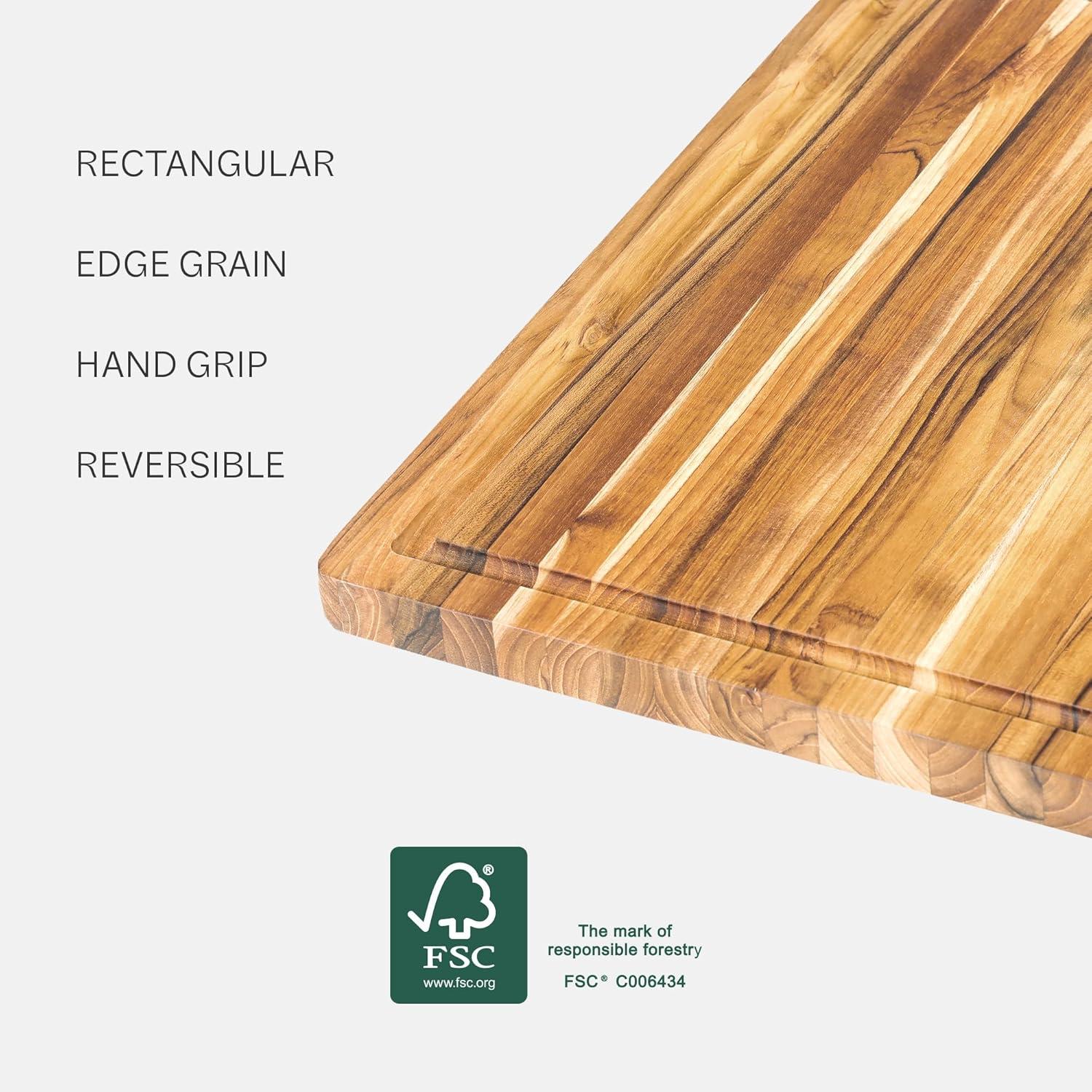 Teakhaus Cutting Board - Medium (M) Wood Cutting Board with Juice Groove and Grip Handles - 18”L x 14”W - Thin, Lightweight, Reversible Teak Edge Grain Wood - Knife Friendly - FSC Certified
