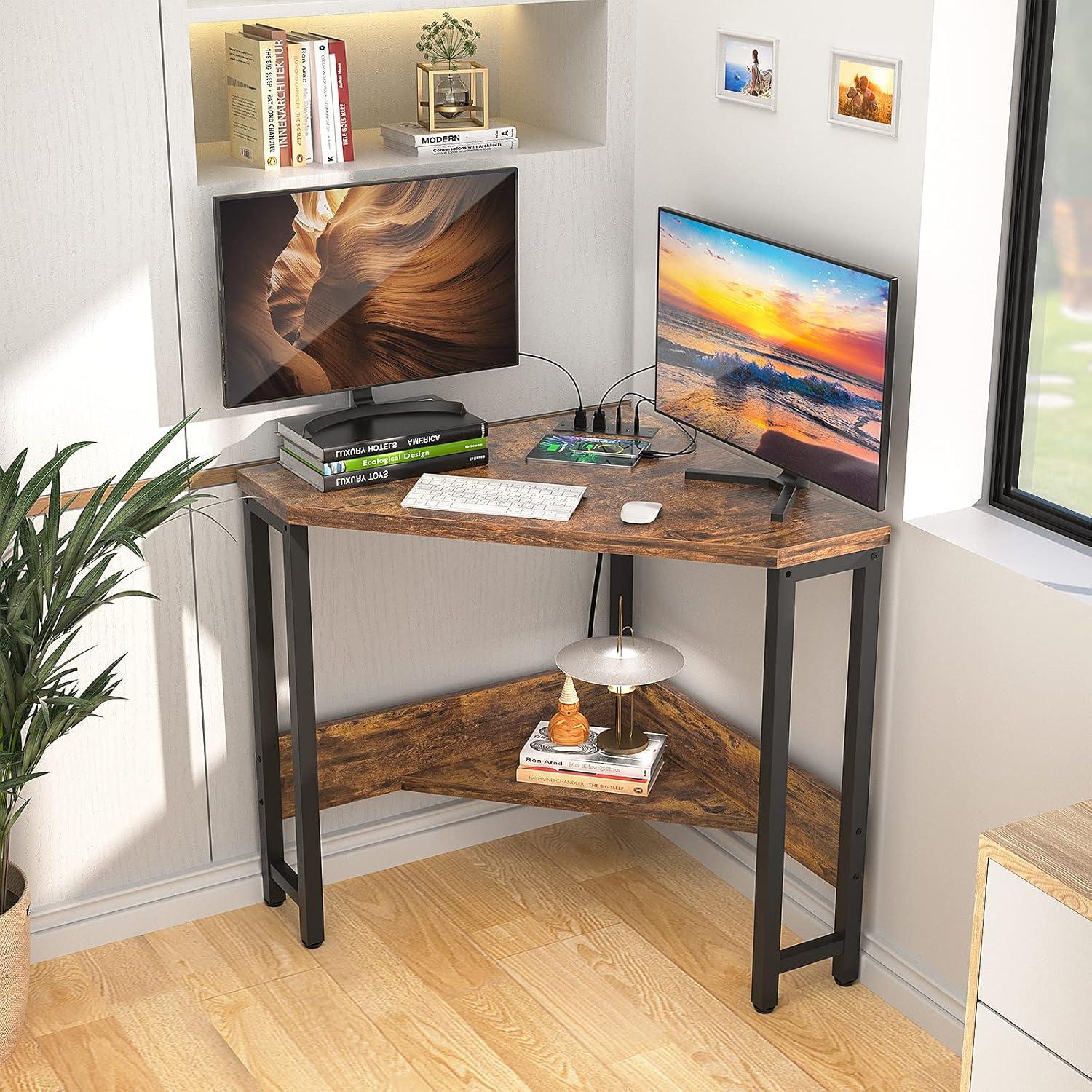Armocity Corner Small Desk with Outlets Corner Table for Small Space Industrial Computer Desk with USB Ports Triangle Desk with Storage for Home Office, Workstation, Living Room, Bedroom, Rustic