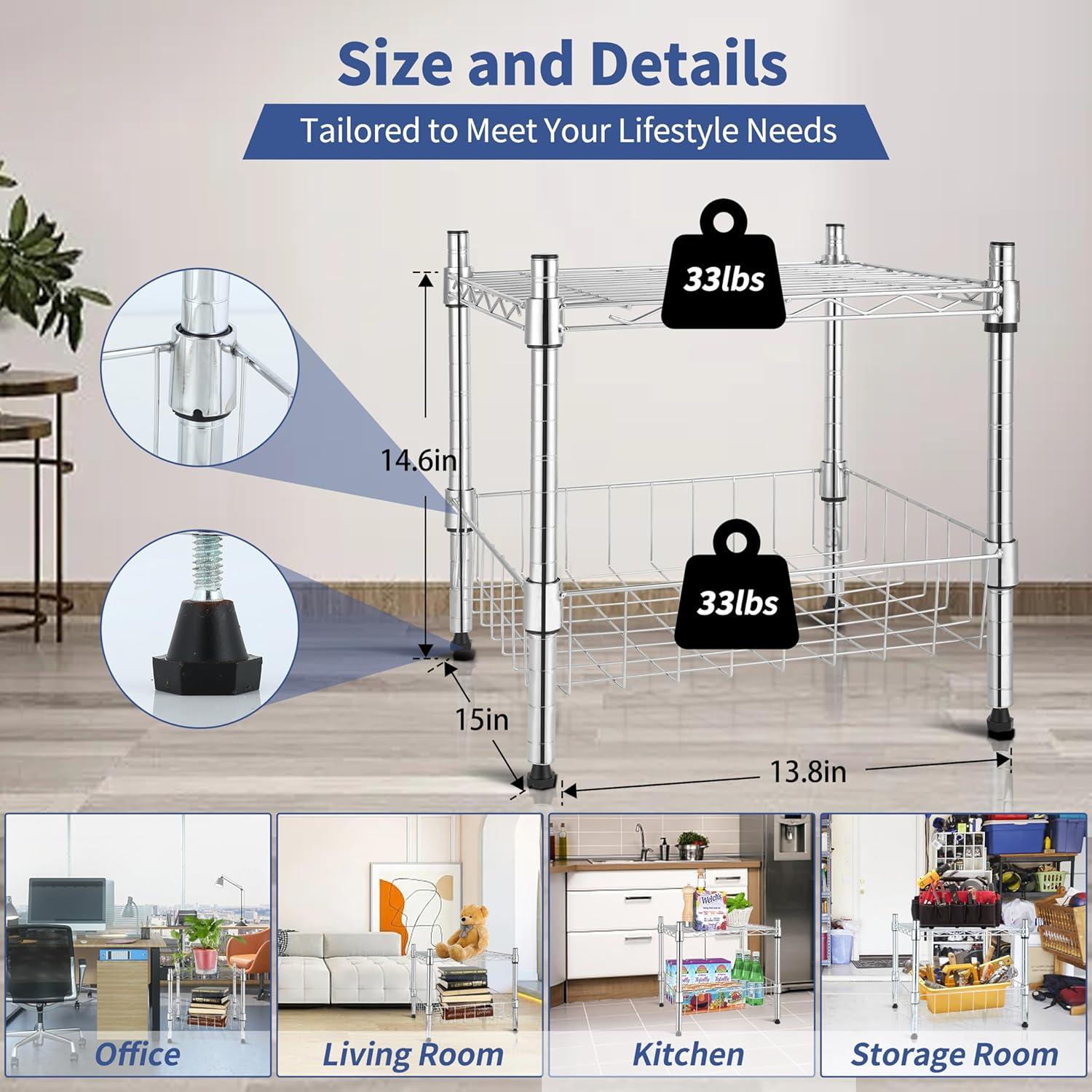 Chrome 2-Tier Adjustable Wire Metal Stackable Storage Unit