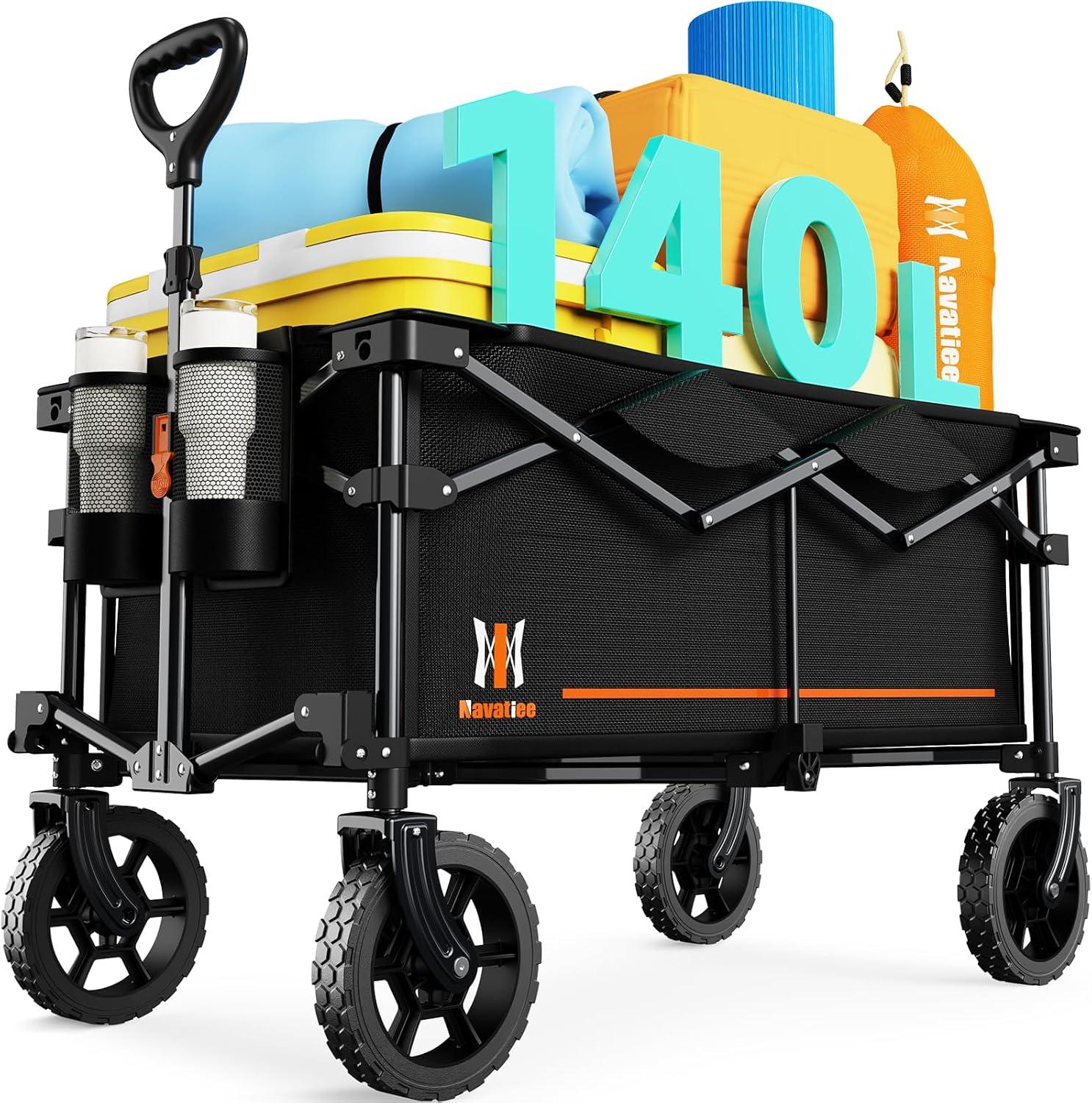 140L Collapsible Wagon Cart Foldable, Folding Utility Grocery Cart with Side Pocket and Brakes for Shopping, Sports, Camping and Garden, Black